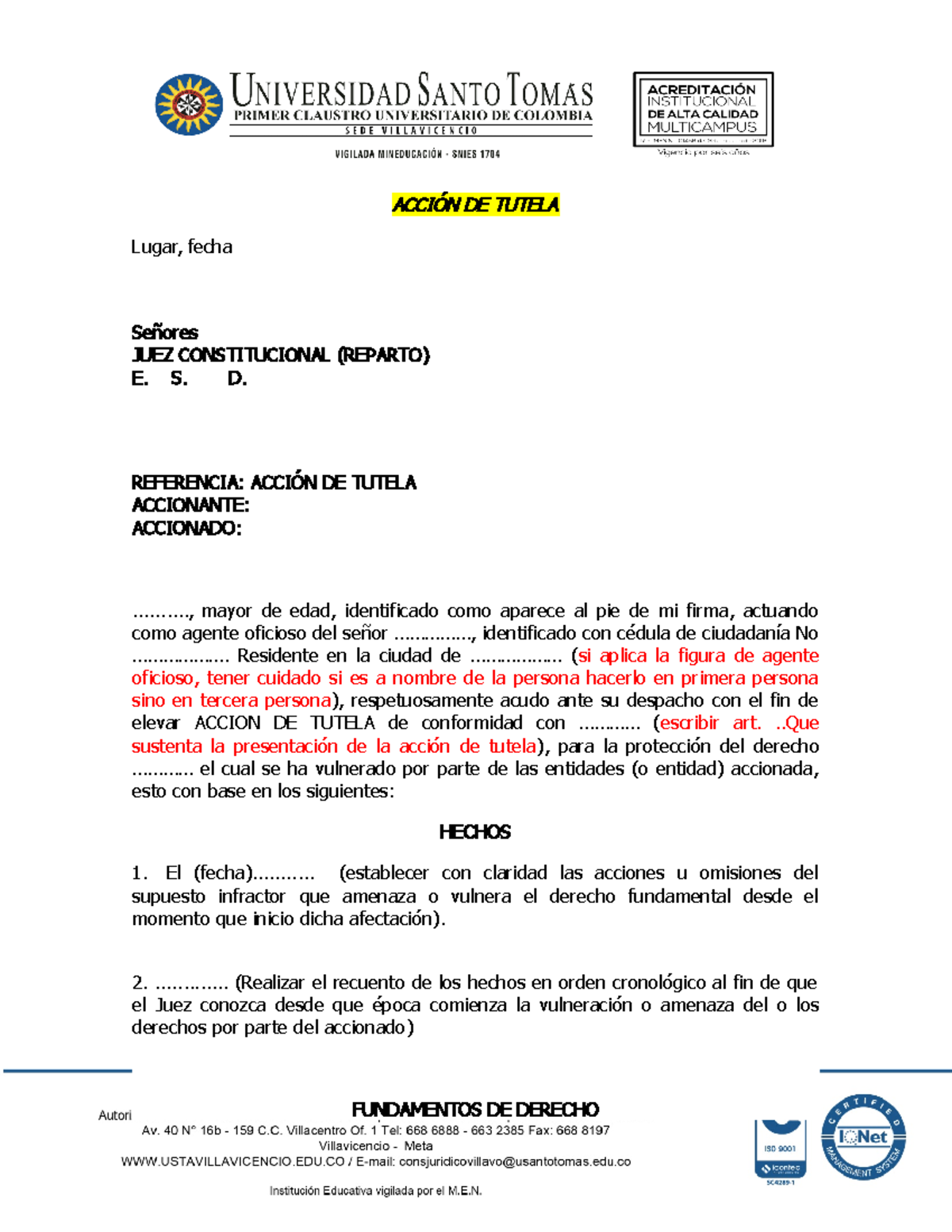1. Formato Acción DE Tutela - ACCIÓN DE TUTELA Lugar, fecha Señores ...