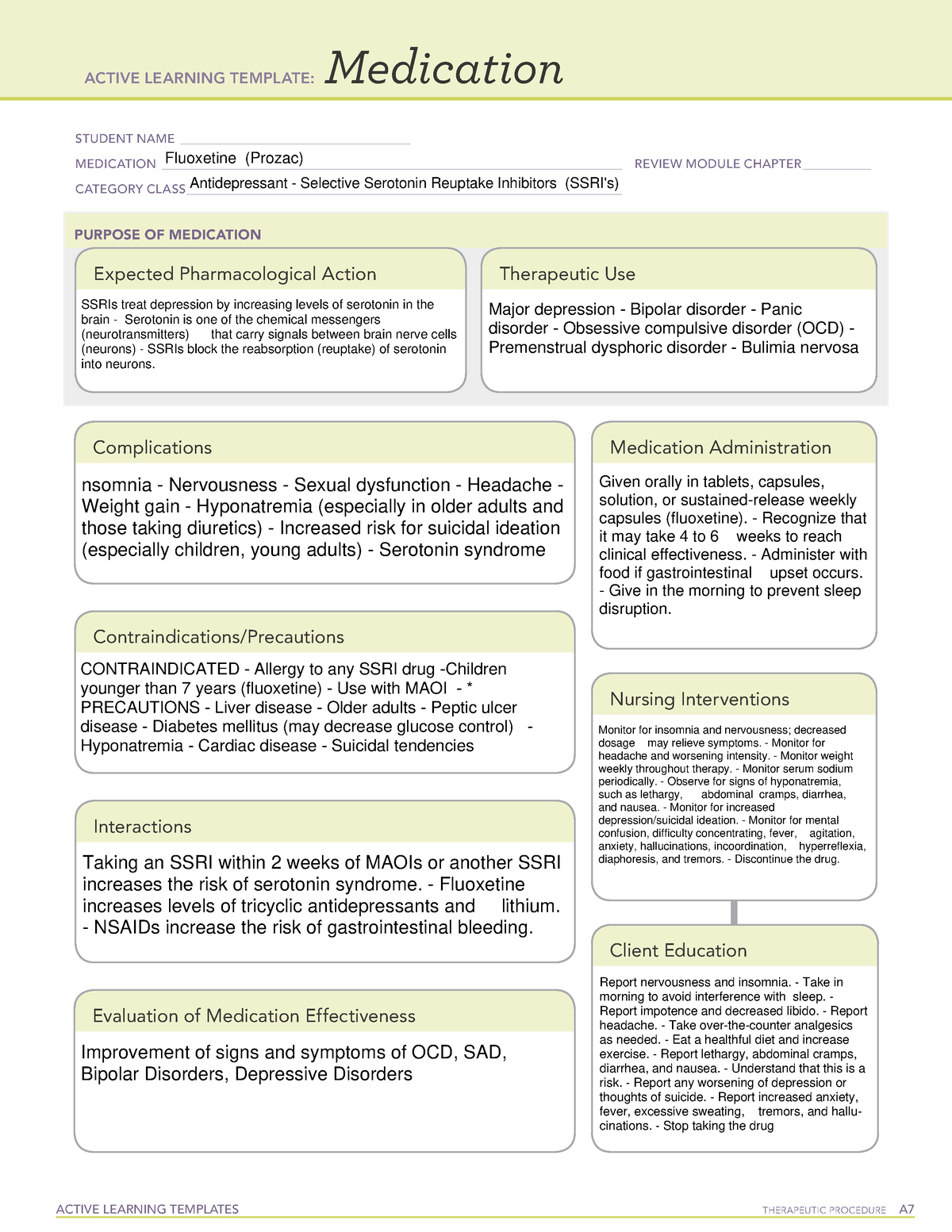 ATI Fluoxetine Medication Sheet ACTIVE LEARNING TEMPLATES