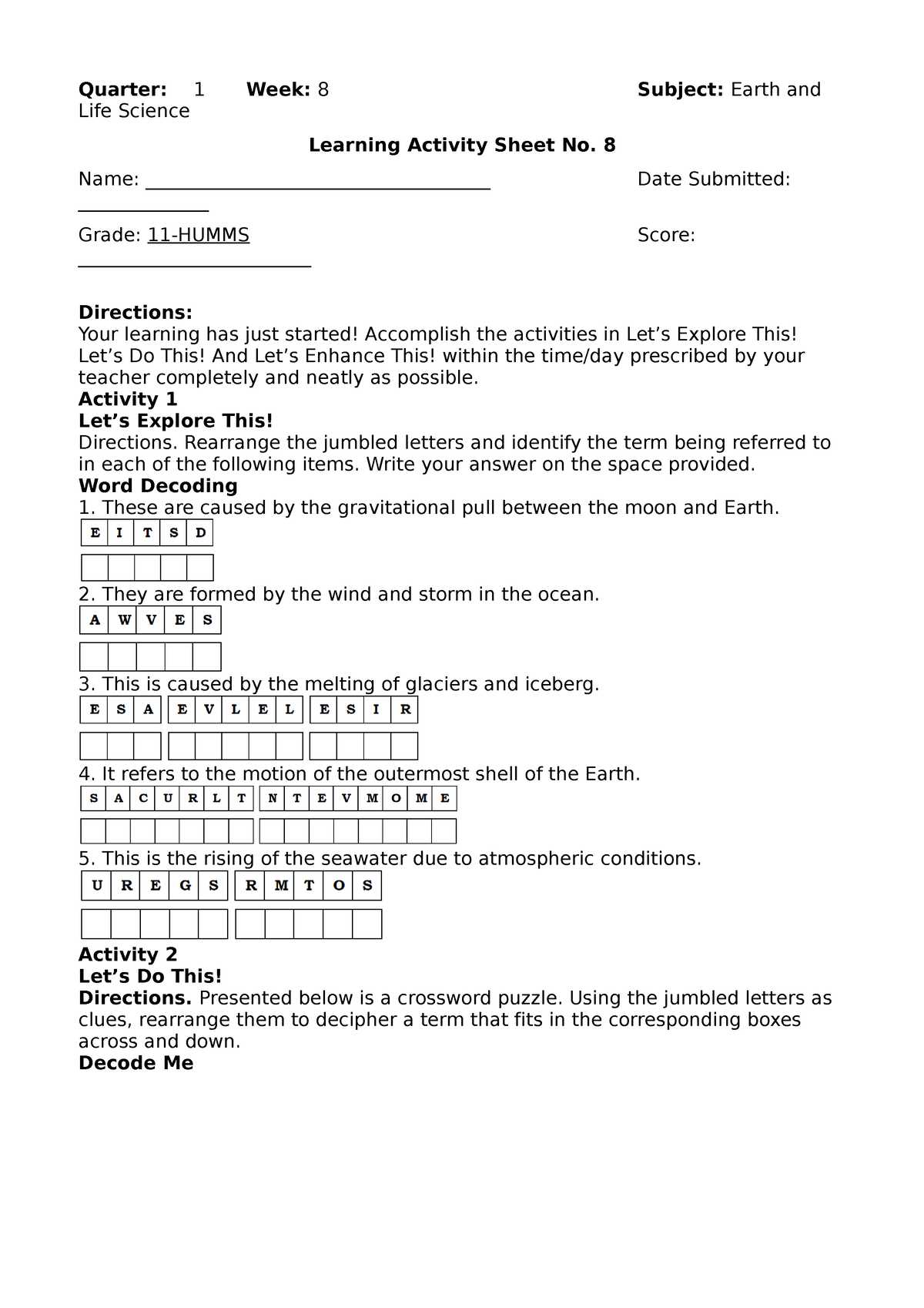 Learning Activity Sheet No 8 Els Quarter 1 Week 8 Subject Earth And Life Science Learning 1832