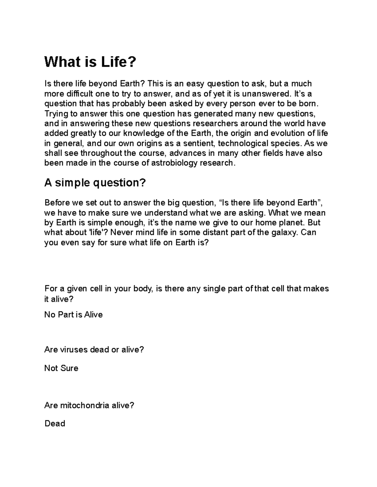 Quiz 2 - Quiz 2 Questions And Answers - What Is Life? Is There Life ...