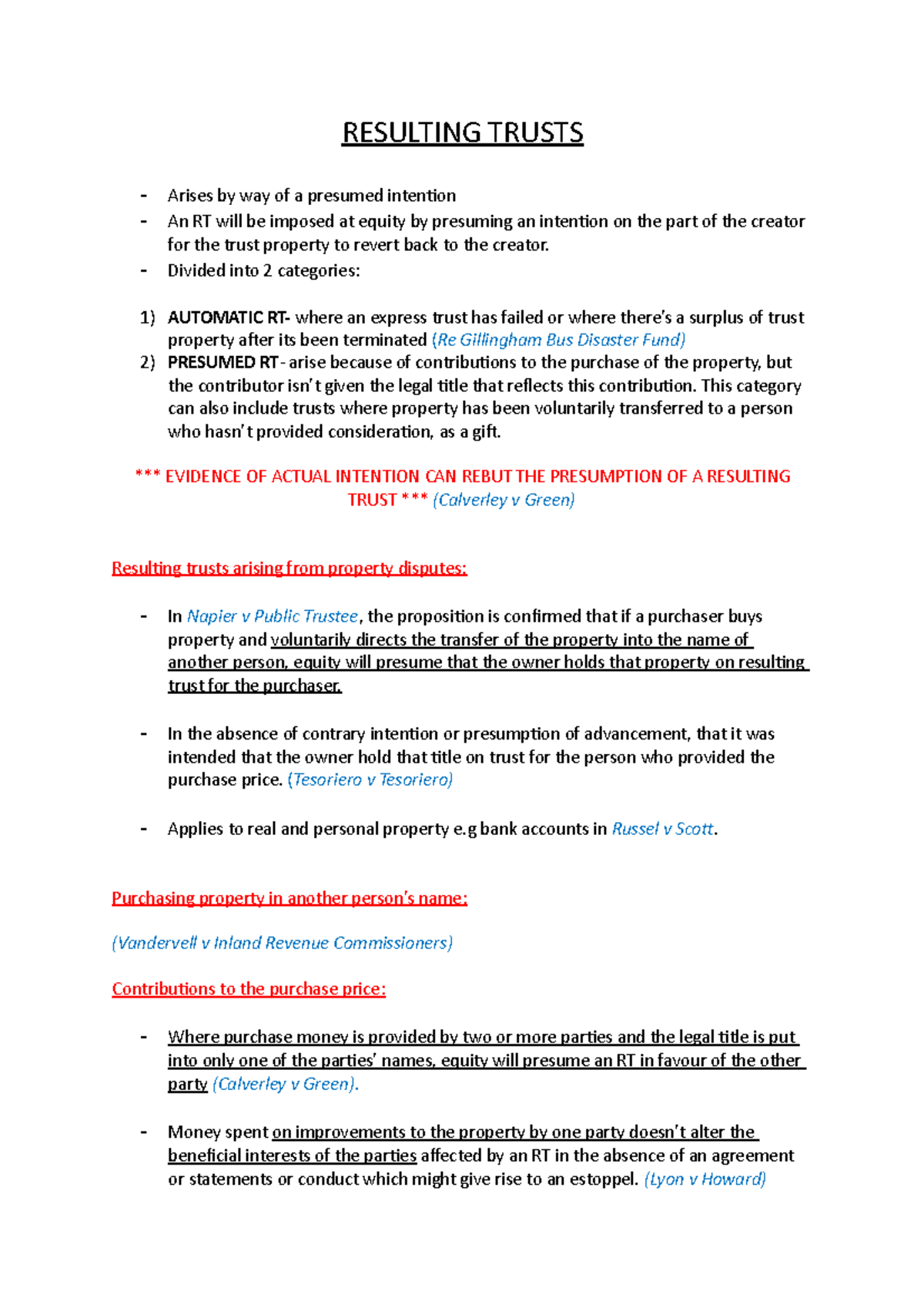 Resulting Trusts Notes - RESULTING TRUSTS Arises Way Of A Presumed ...