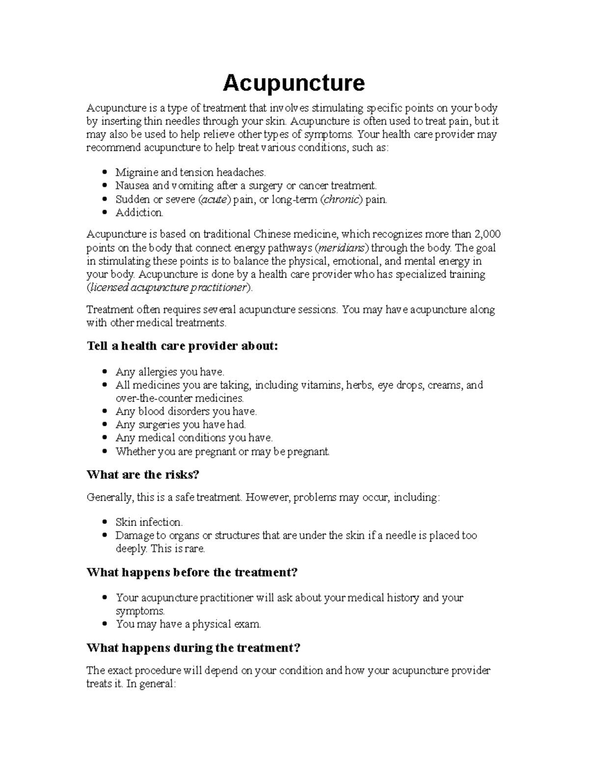 Acupuncture 2nd - work - Acupuncture Acupuncture is a type of treatment ...