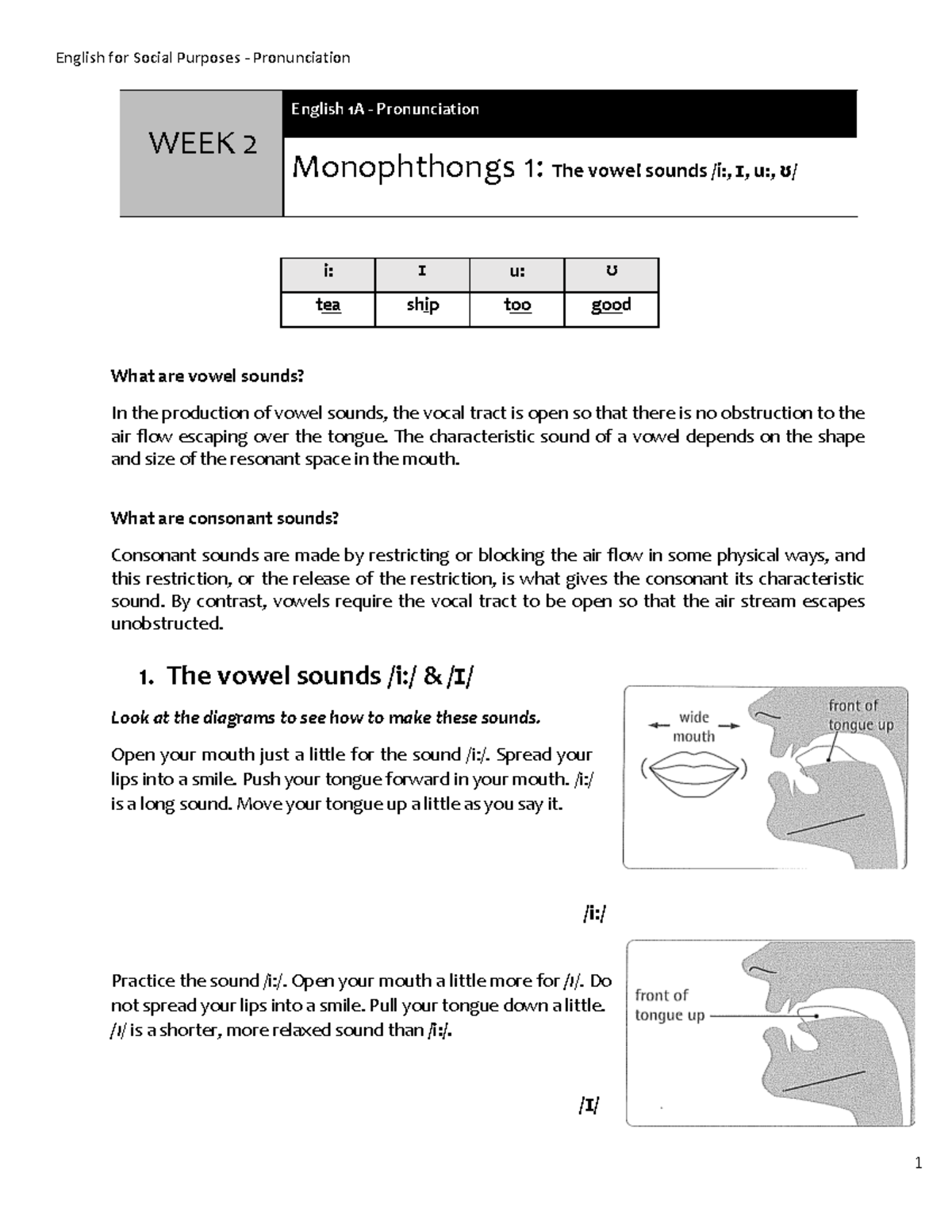 1A1 - reading - WEEK 2 English 1A - Pronunciation Monophthongs 1: The ...