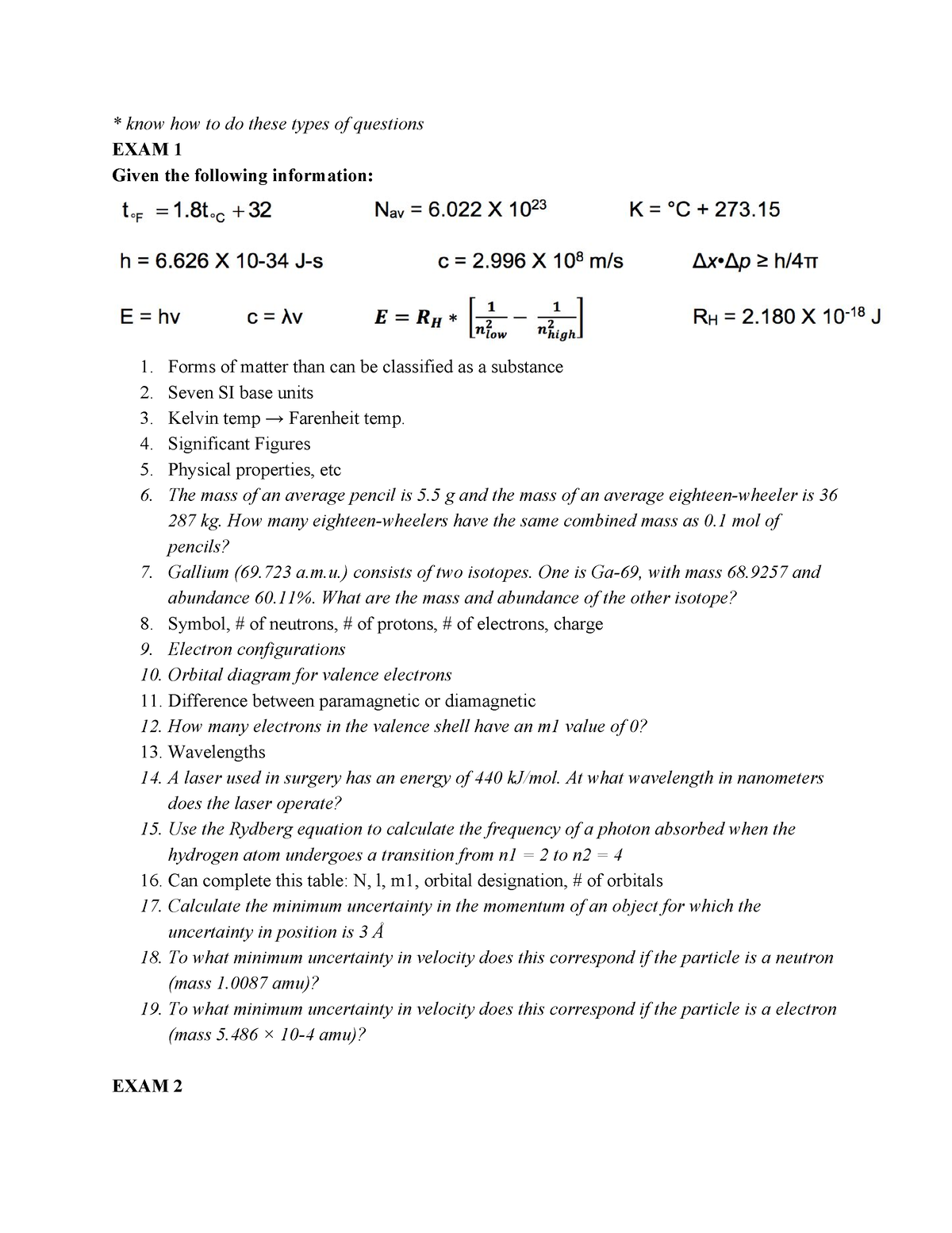 1124Q CHEM Final EXAM - know how to do these types of questions EXAM 1 ...