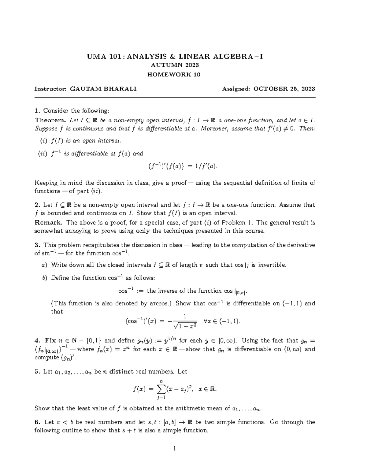 Hw10 UMA101 - Very important Assignment - UMA 101 : ANALYSIS & LINEAR ...