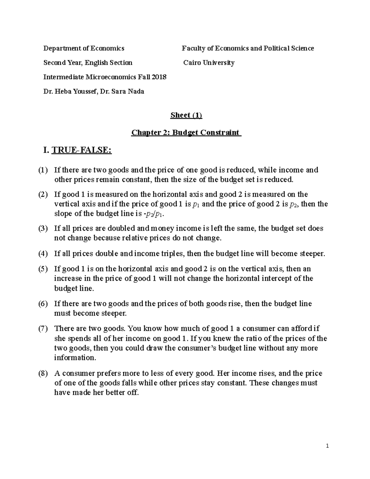 Sheet 1 2 Budget market 2018 Department Of Economics Faculty Of 