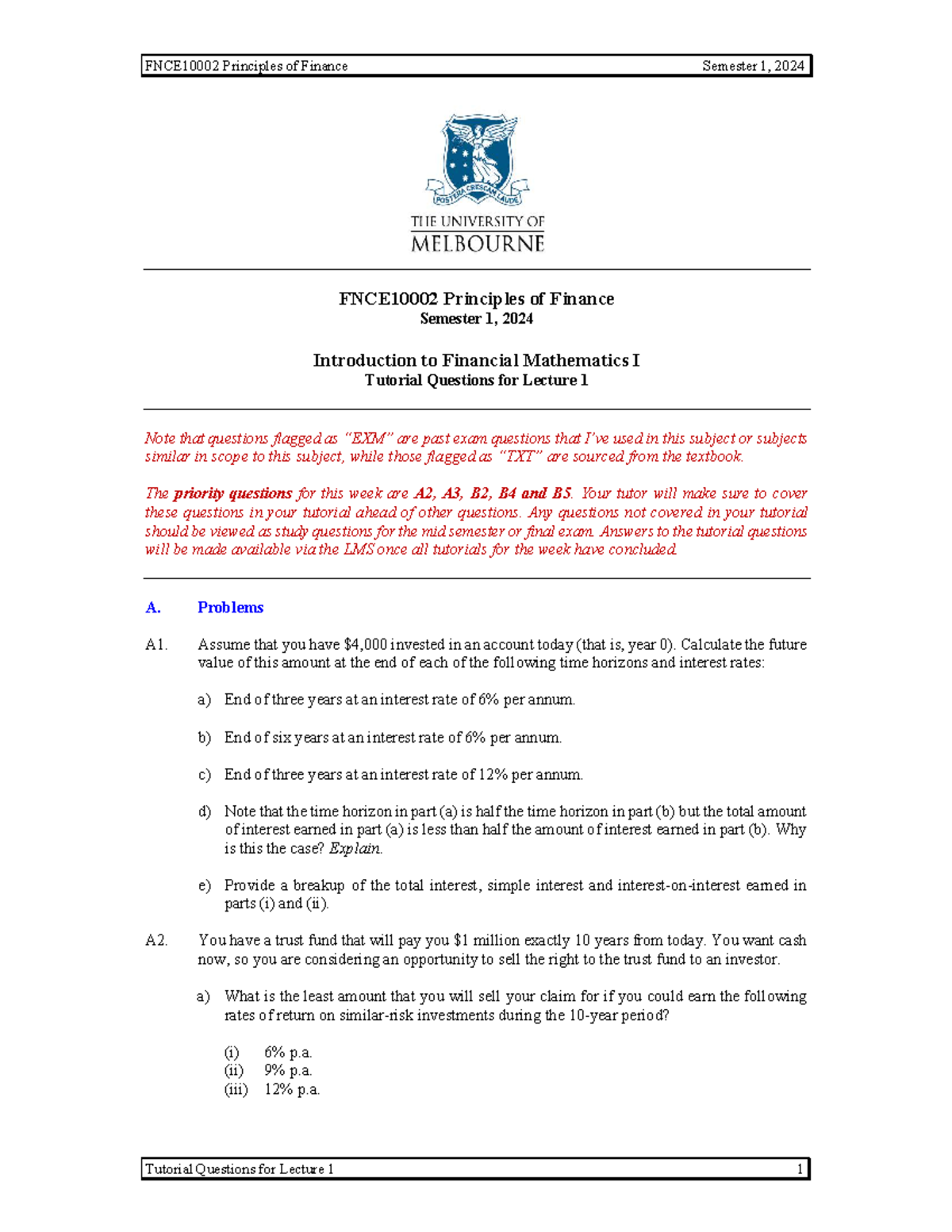 Tutorial 01 - Fin Math 1 - FNCE10002 Principles of Finance Semester 1 ...