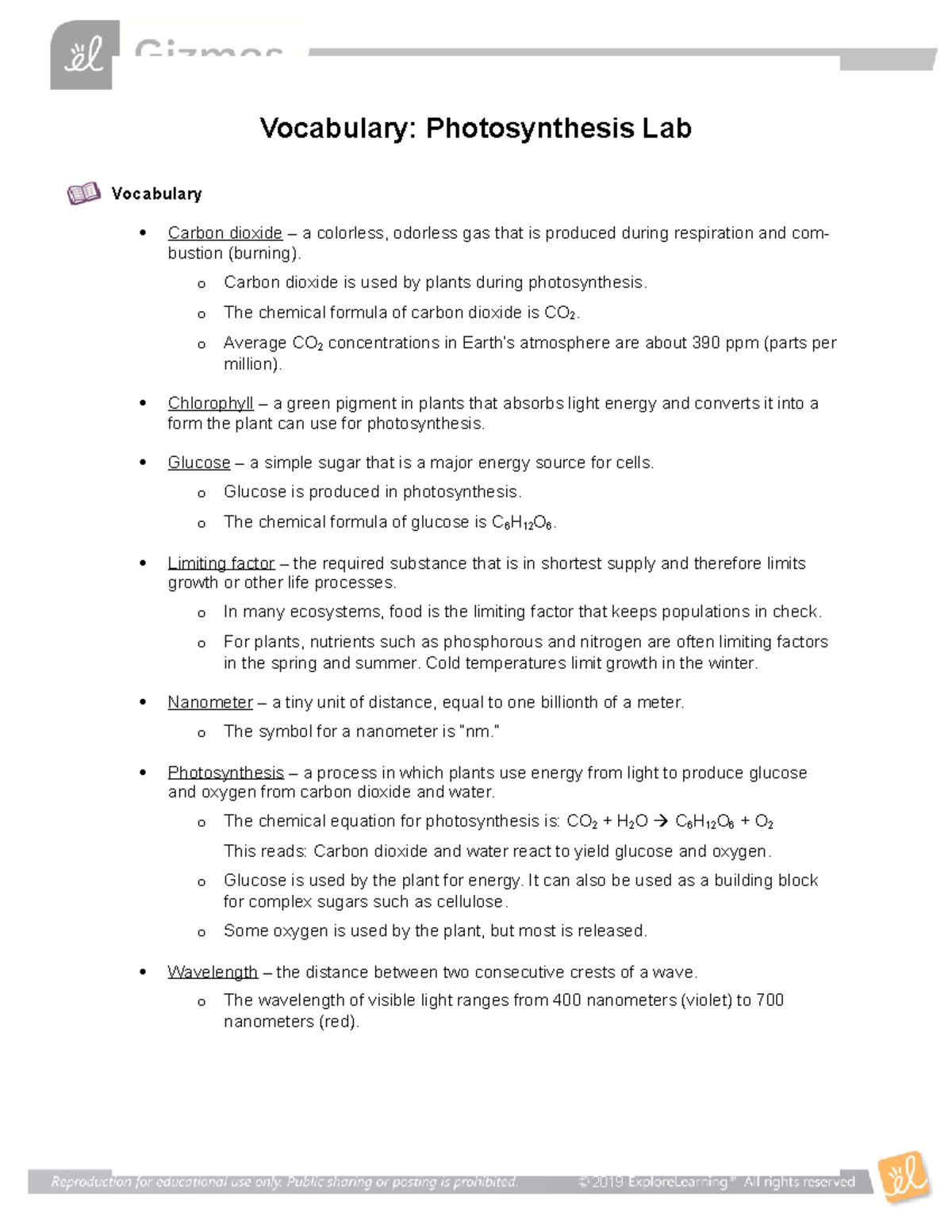 Gizmos Photosynthesis Lab Vocab 2019 Vocabulary Photosynthesis Lab