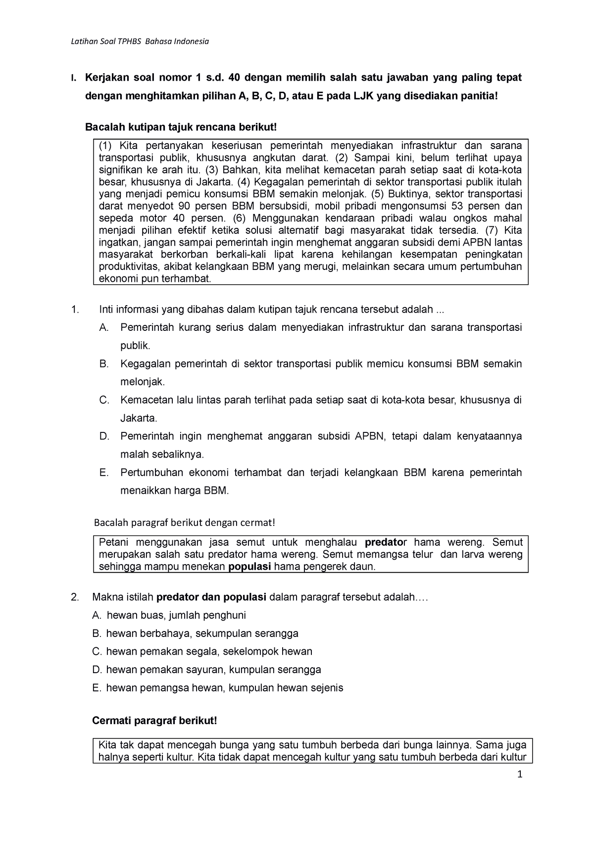 Latihan SOAL Tphbs NO 1-25 - I. Kerjakan Soal Nomor 1 S. 40 Dengan ...