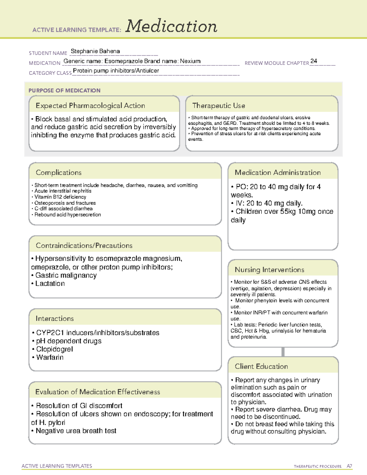 Medication Card Esomeprazole - ACTIVE LEARNING TEMPLATES THERAPEUTIC ...