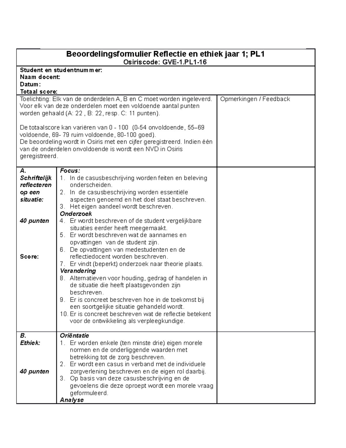 Beoordelingsformulier Reflectie En Ethiek Jaar 1; PL1 (1) - Voor Elk ...