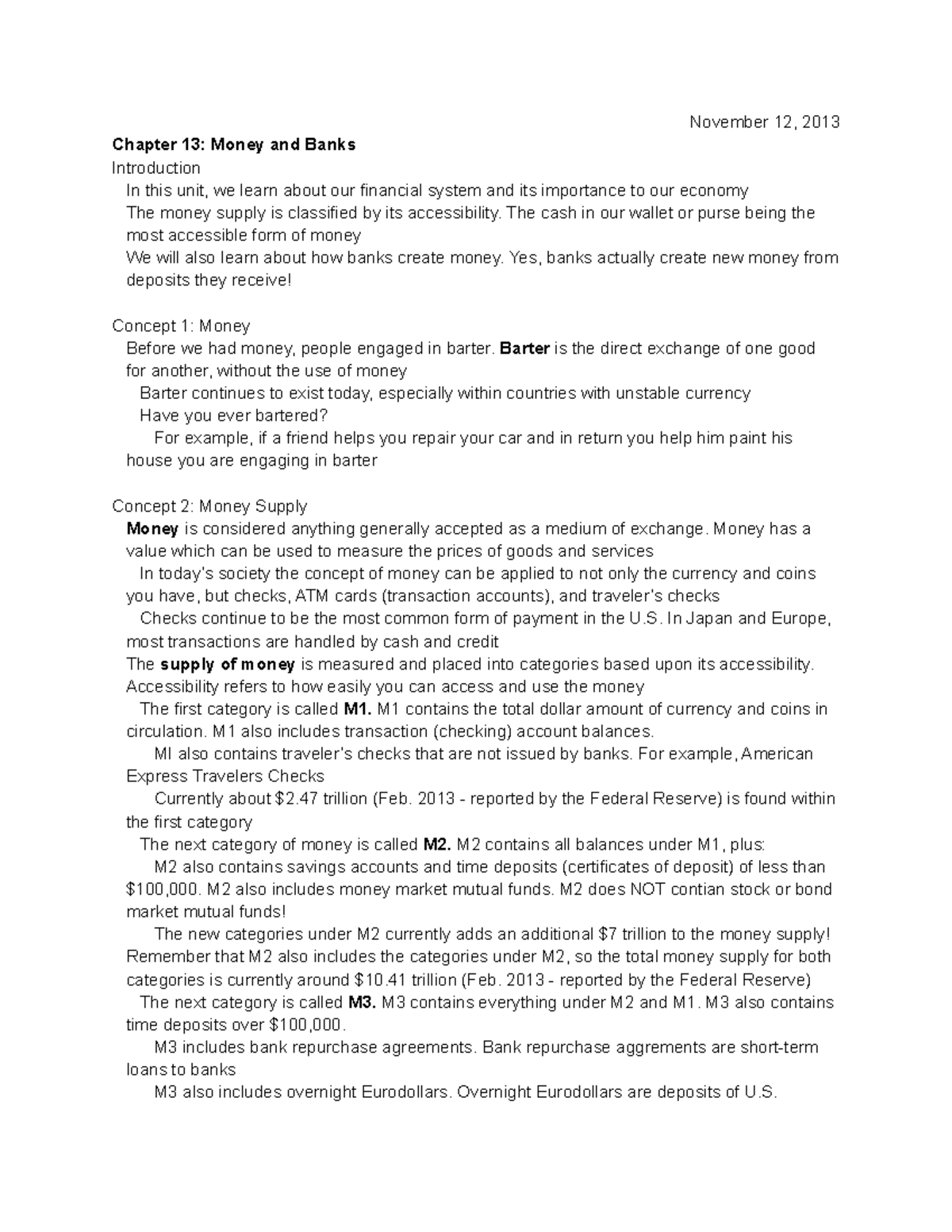 ECON 2020 - Lecture Notes on Chapter 13 - Money and Banks - November 12 ...
