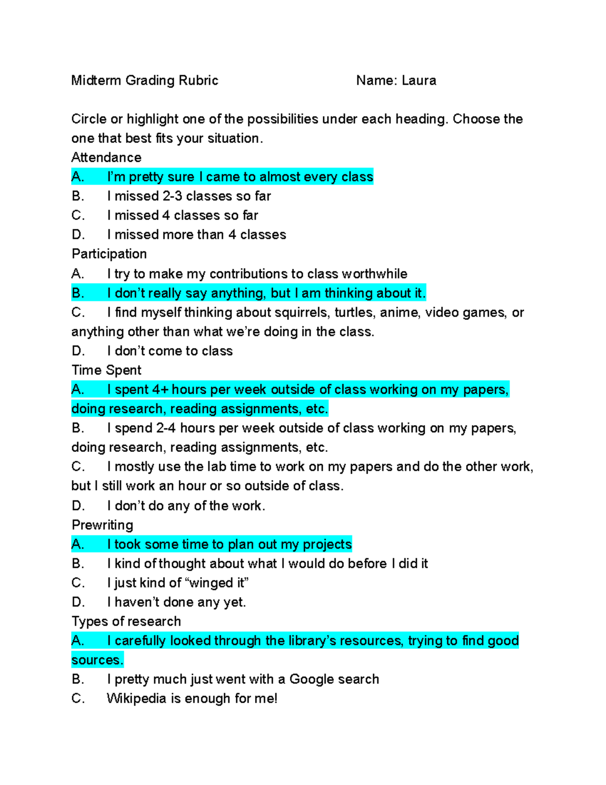 Midterm Grading Rubricz - Choose the one that best fits your situation ...