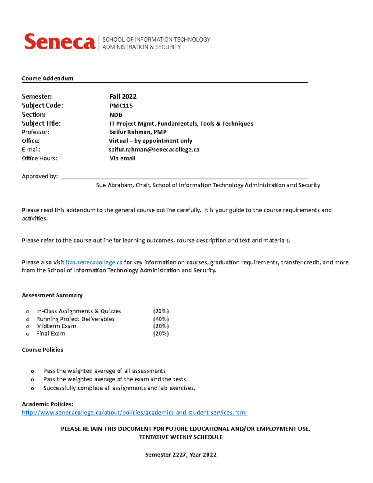 PMC115-Addendum NDB ITAS 2227 - Fall 2022 - Course Addendum Semester ...