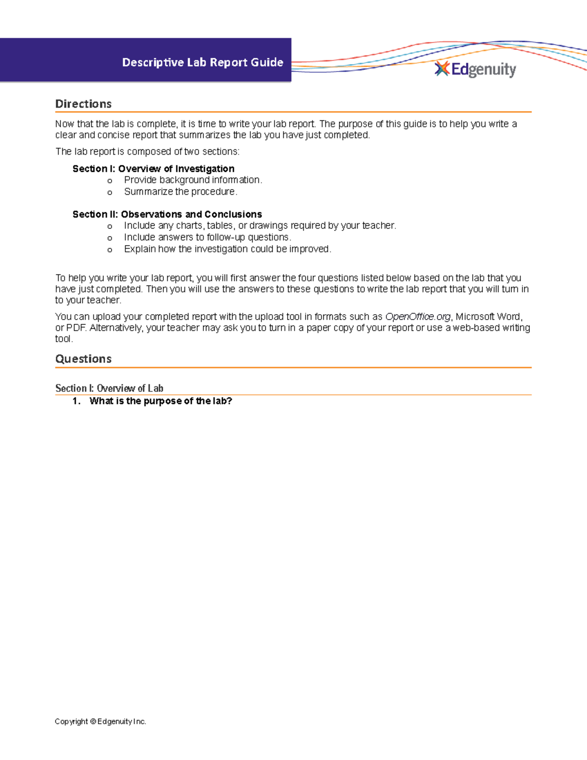 Descriptive Lab Report Guide - Directions Now that the lab is complete ...