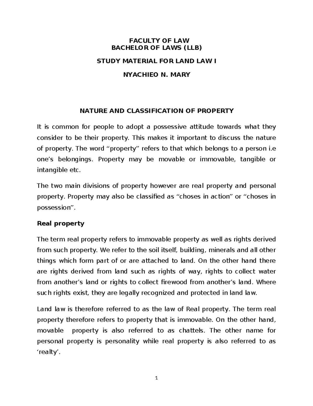 Land law 1 - Land law notes - FACULTY OF LAW BACHELOR OF LAWS (LLB ...