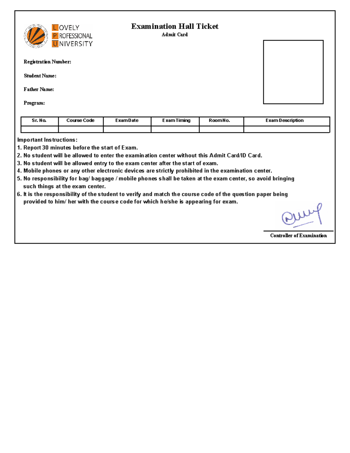 Admit card - 12101195 - aaaaaaaaaas - Father Name: Program: Admit Card ...