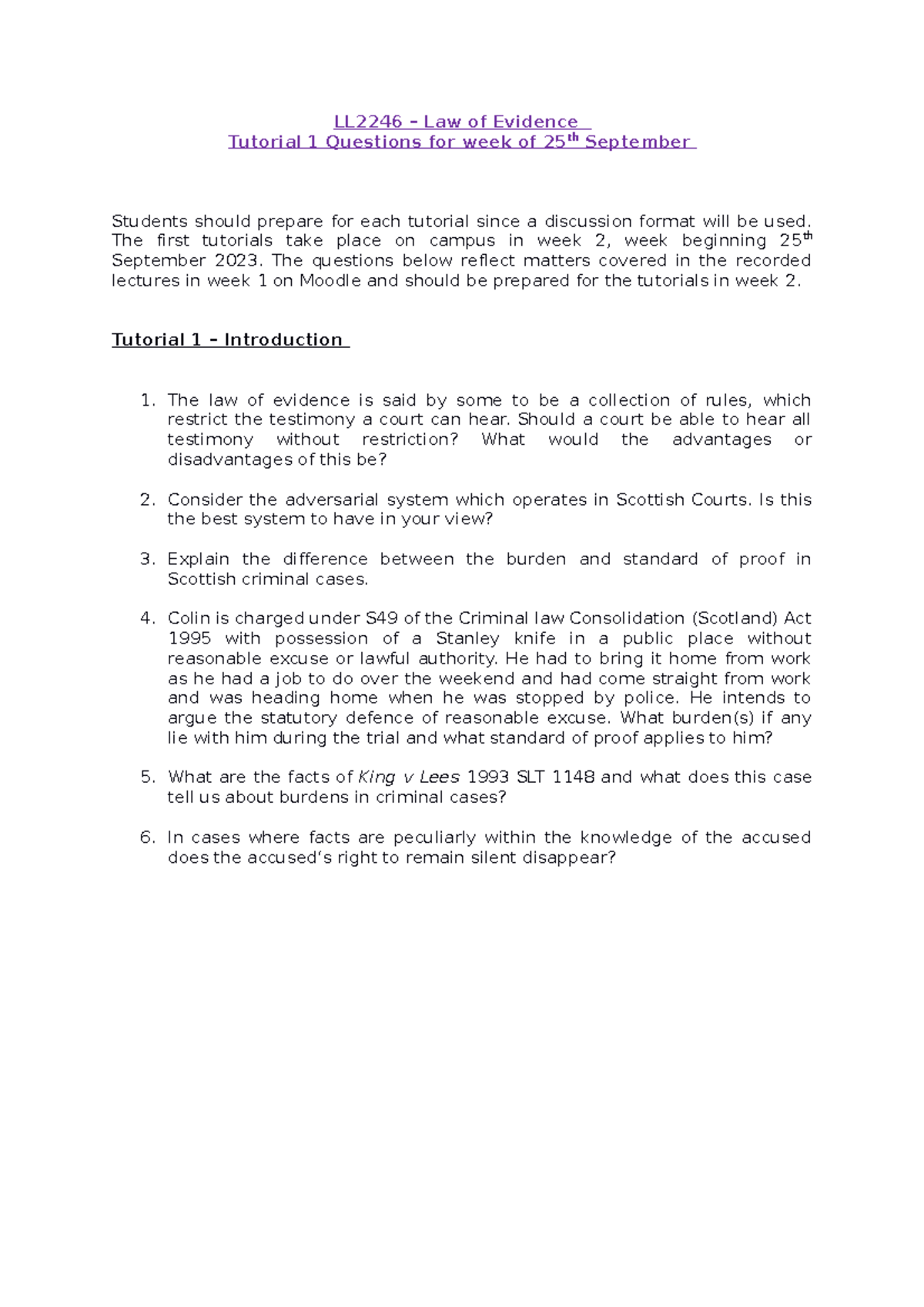 LL2246 Tutorial Questions Week 2 - LL2246 – Law Of Evidence Tutorial 1 ...