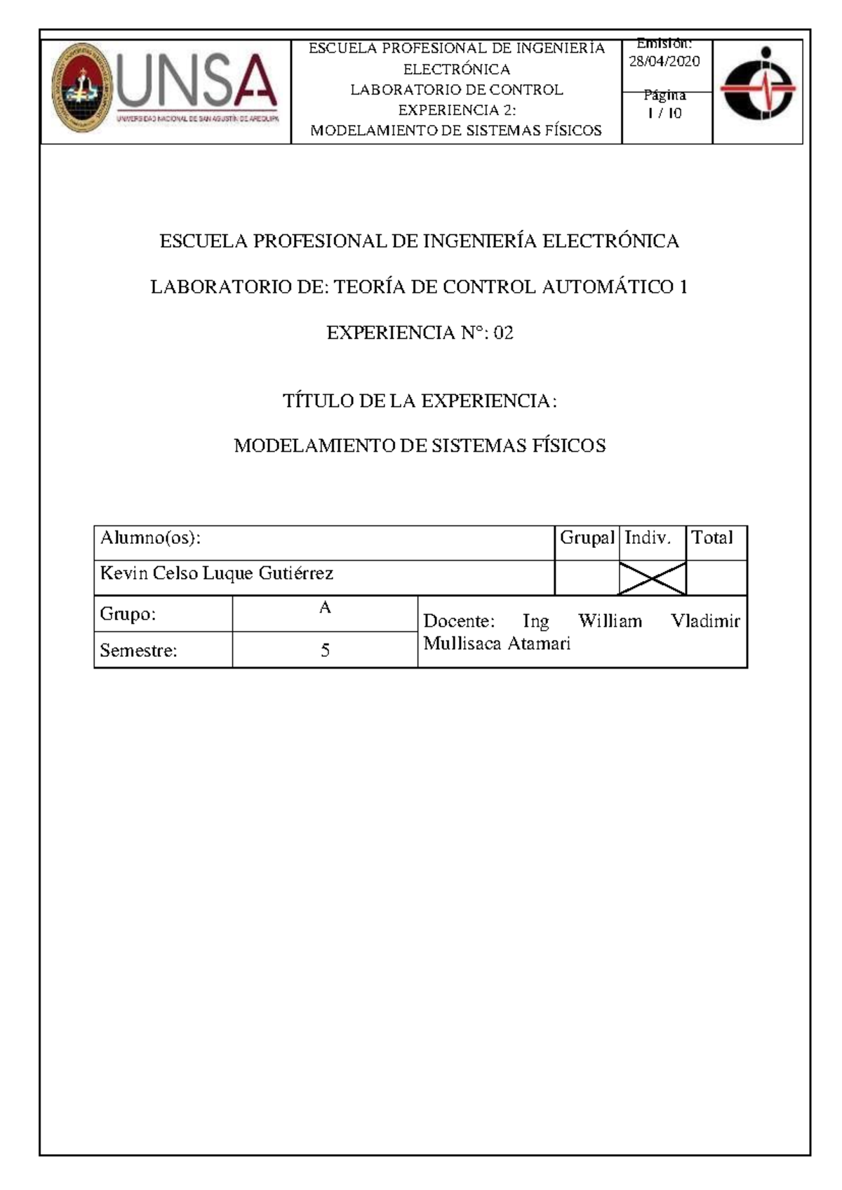 Laboratorio 2 TCA1 Introduccion AL Matlab , sistemas de control 1 ...