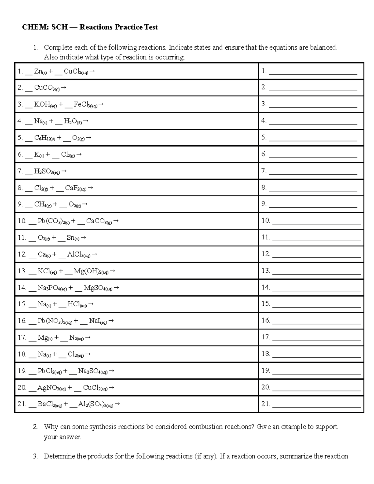 SCH Reactions Practice Test - Complete each of the following reactions ...