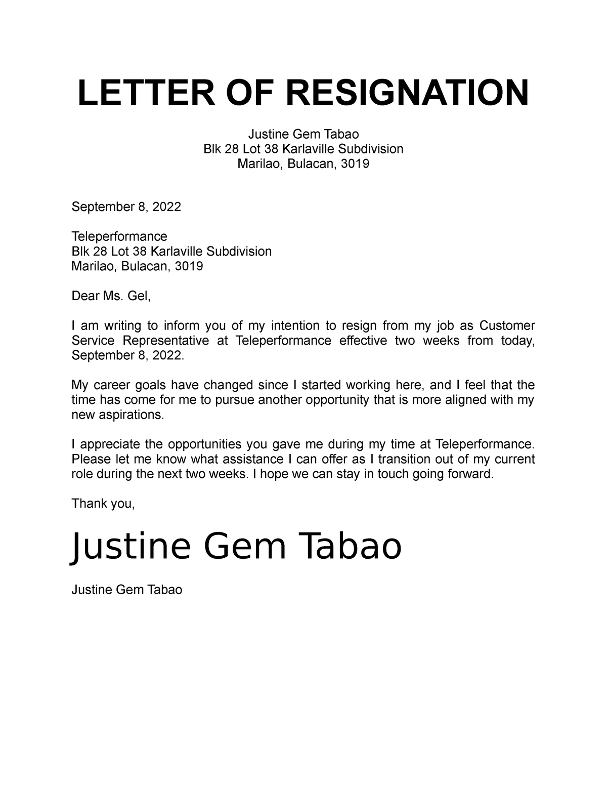 Resignation letter example free download - LETTER OF RESIGNATION