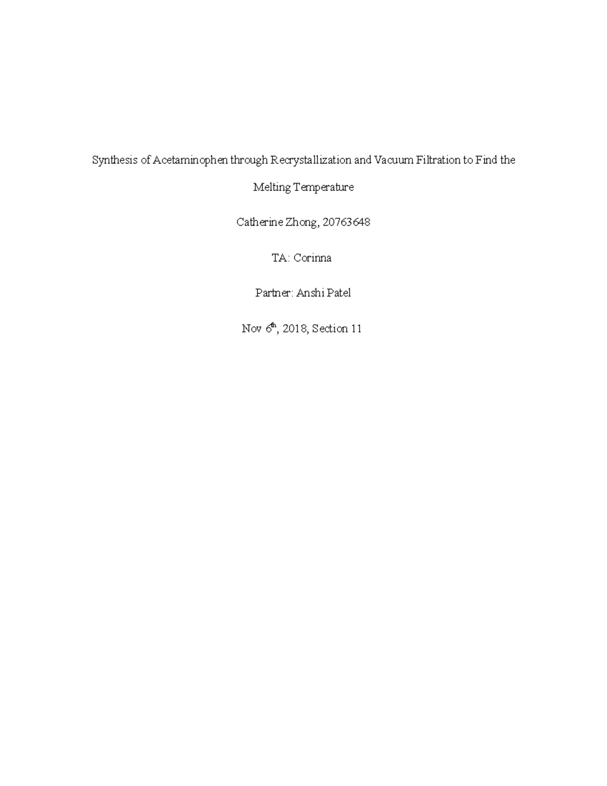 Formal Lab Synthesis of Acetaminophen through Recrystallization and