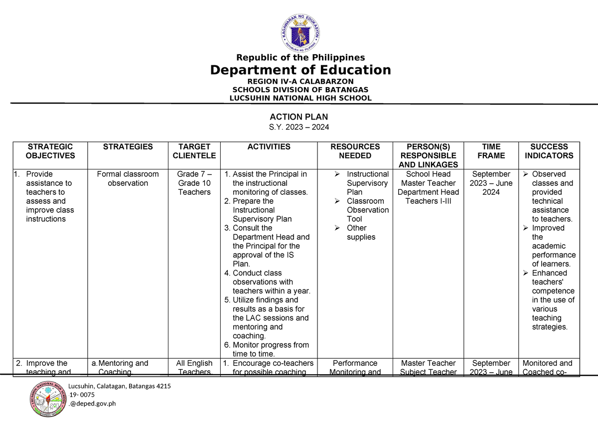 Action Plan 2023 2024 - Republic of the Philippines Department of ...