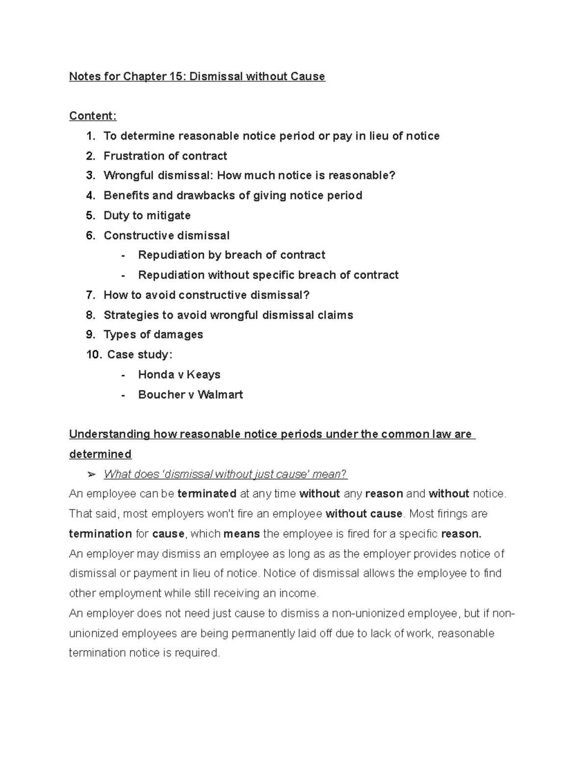 Dismissal without Cause - Notes for Chapter 15: Dismissal without Cause ...