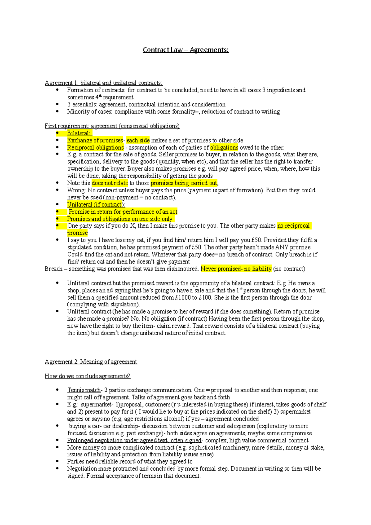 Contract Law- Agreements - Contract Law – Agreements: Agreement 1 ...