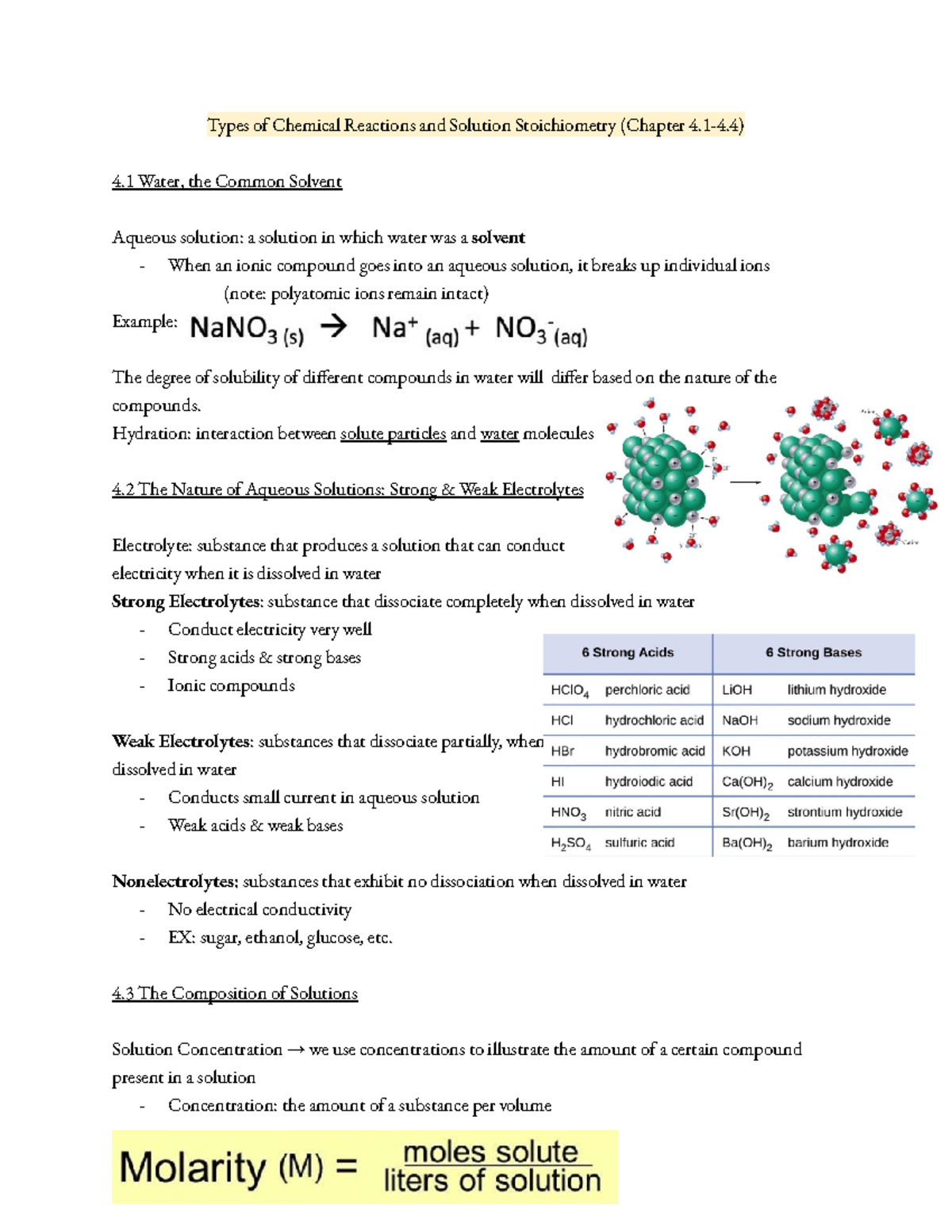 Chemistry Ch 4 Chem Chapter 4 5 Notes Types Of Chemical Reactions And Solution