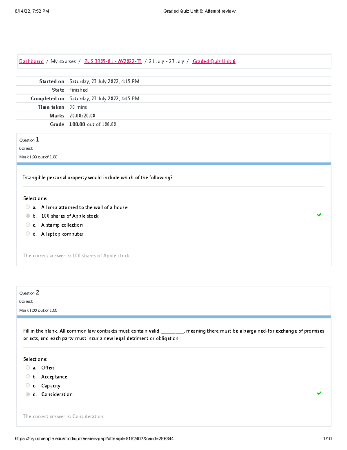 BUS 3305 Business Law and Ethics Graded-Quiz Unit 6 - Started on ...