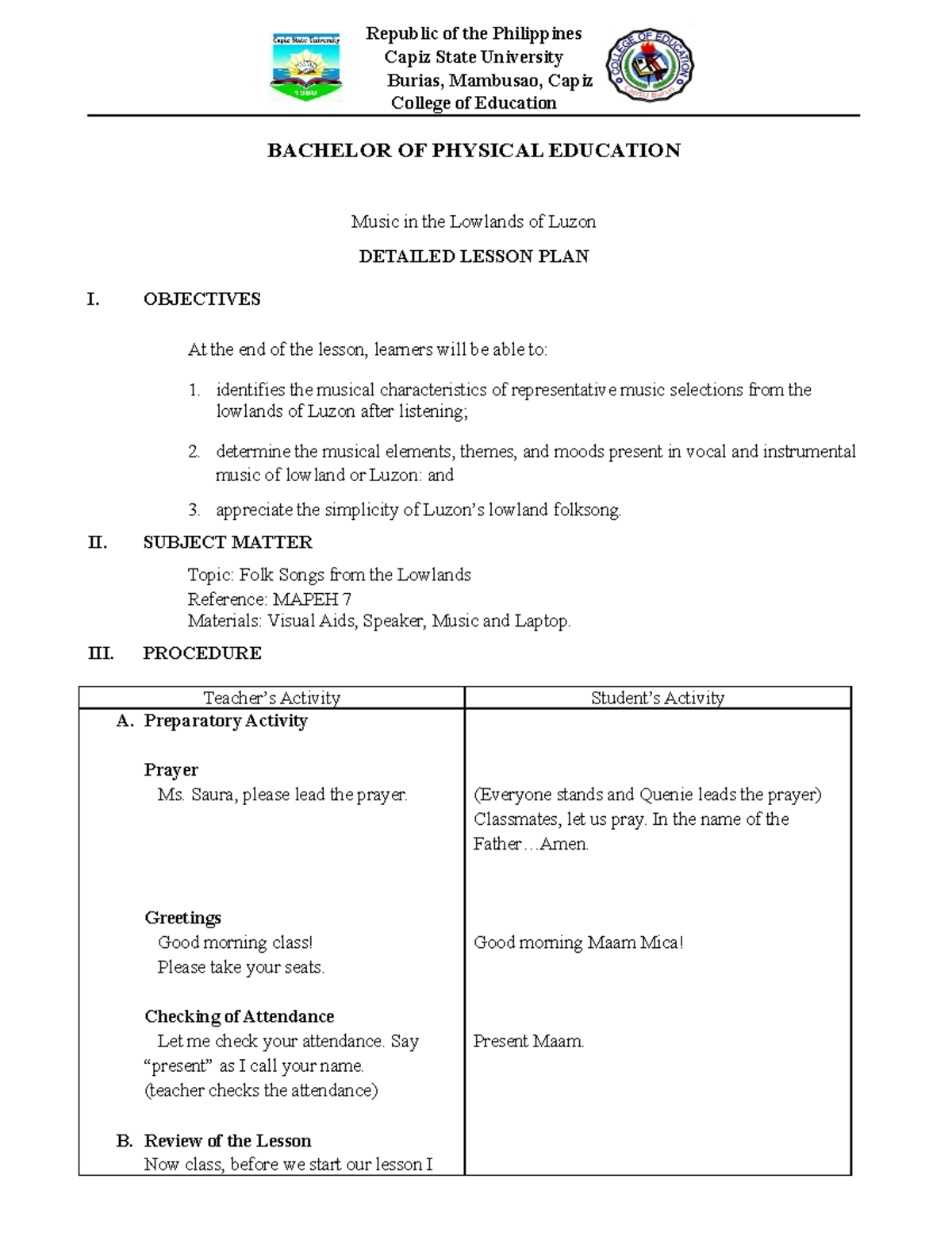 Lesson PLAN In Music Of The Lowlands Of Luzon Republic Of The 