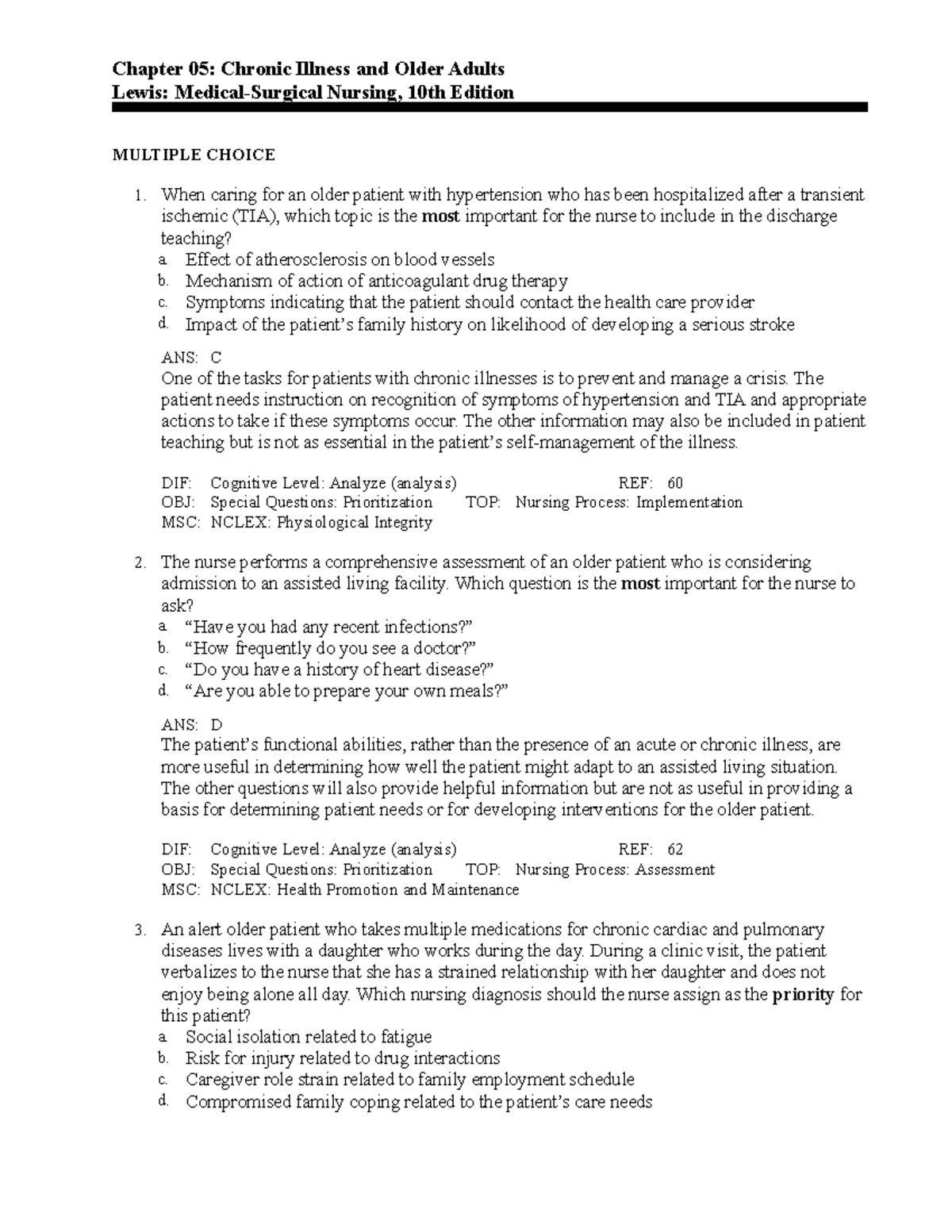 C5 - Ch 5 Test Bank - Chapter 05: Chronic Illness And Older Adults ...