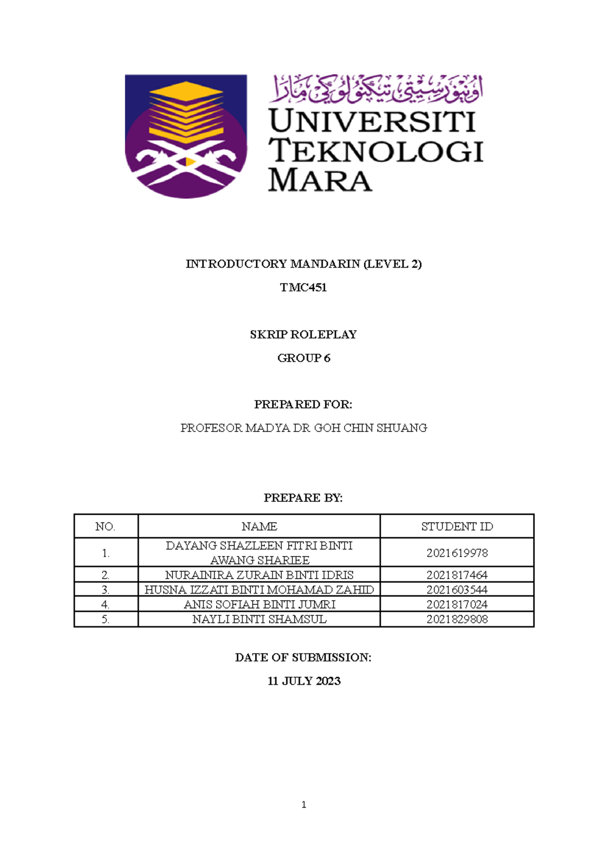 Group 6 Final Script Roleplay - INTRODUCTORY MANDARIN (LEVEL 2) TMC ...
