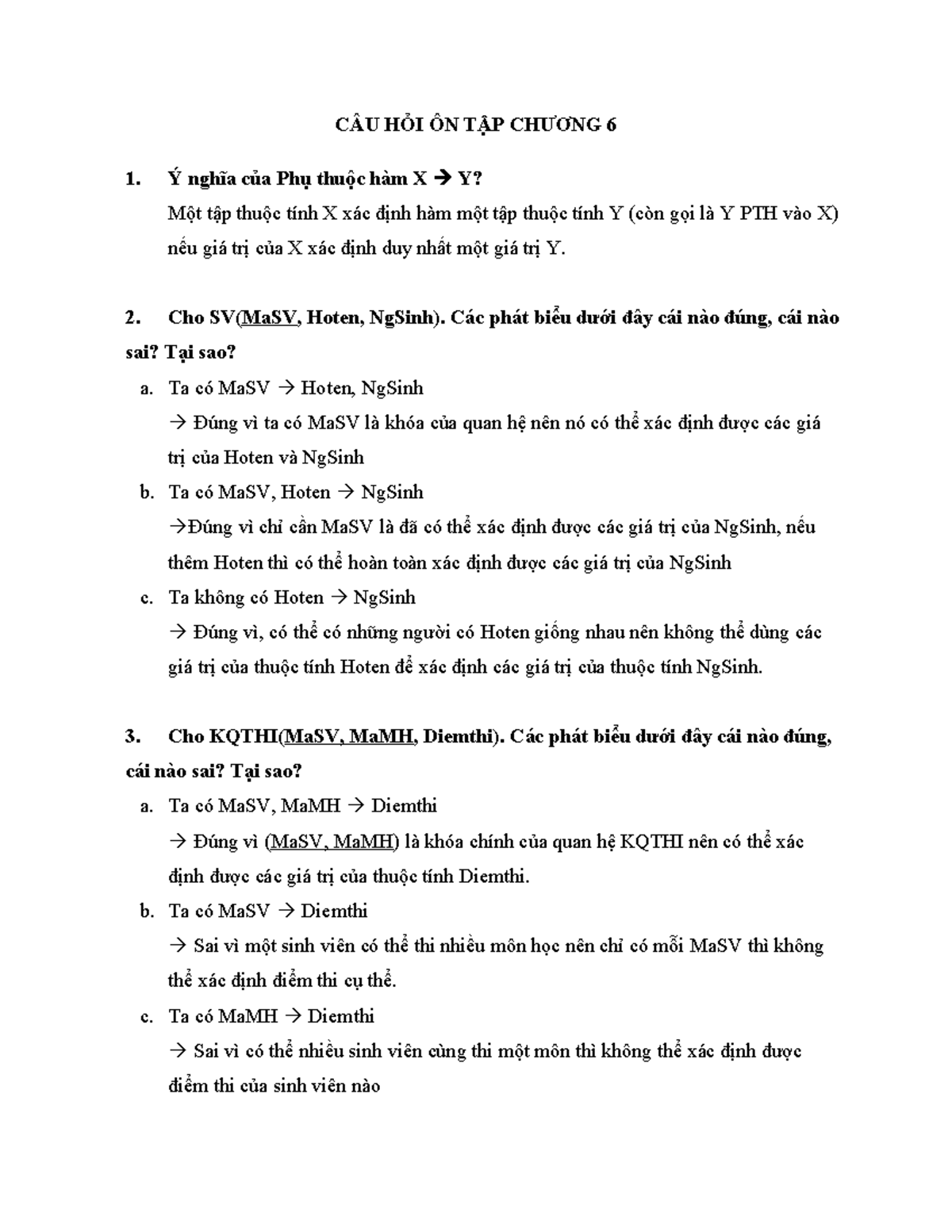 ÔN TẬP CHƯƠNG 6 CÂU HỎI ÔN TẬP CHƯƠNG 6 Ý nghĩa của Phụ thuộc hàm X Y