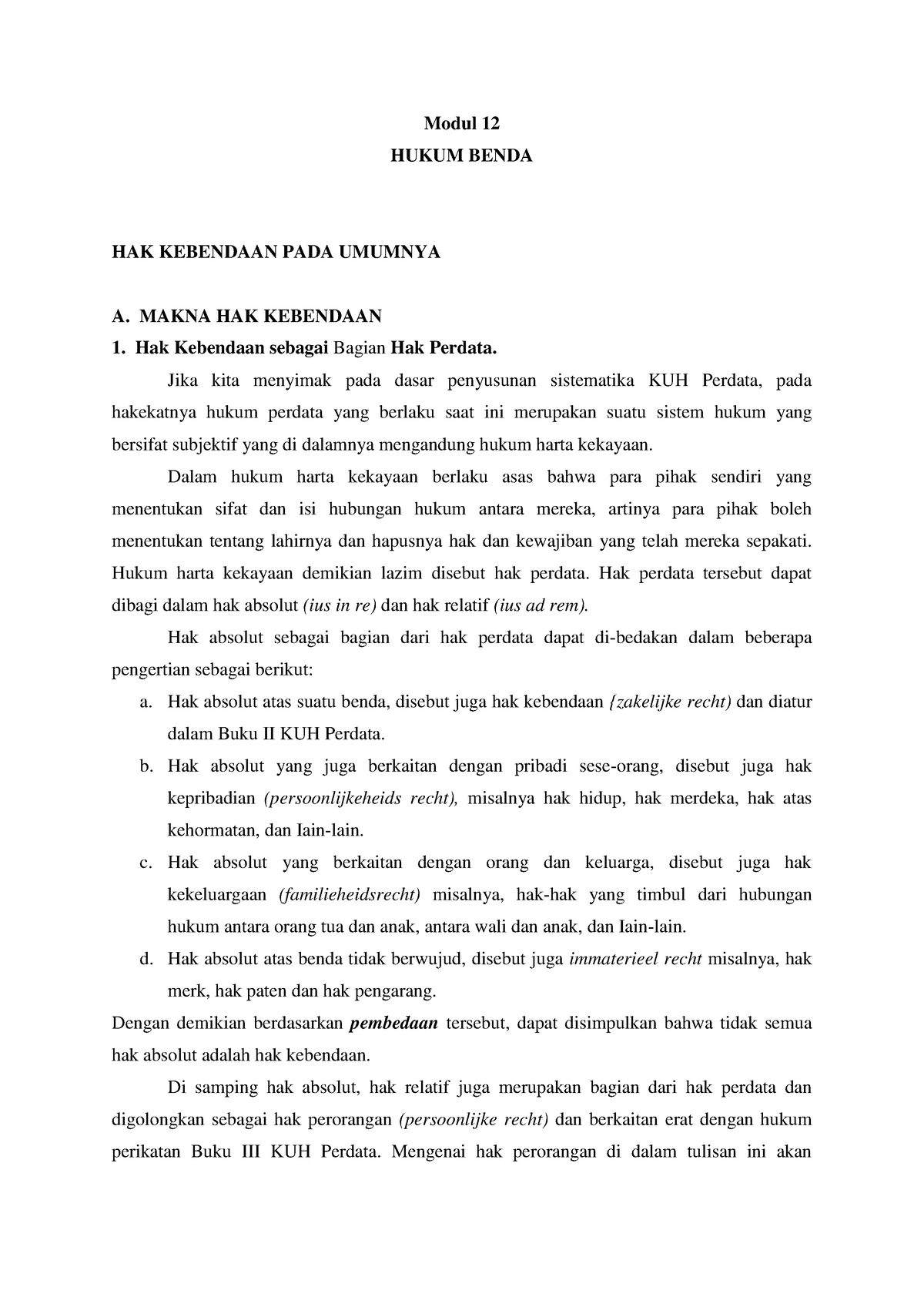 Hak Kebendaan Dalam Hukum Perdata - Modul 12 HUKUM BENDA HAK KEBENDAAN ...