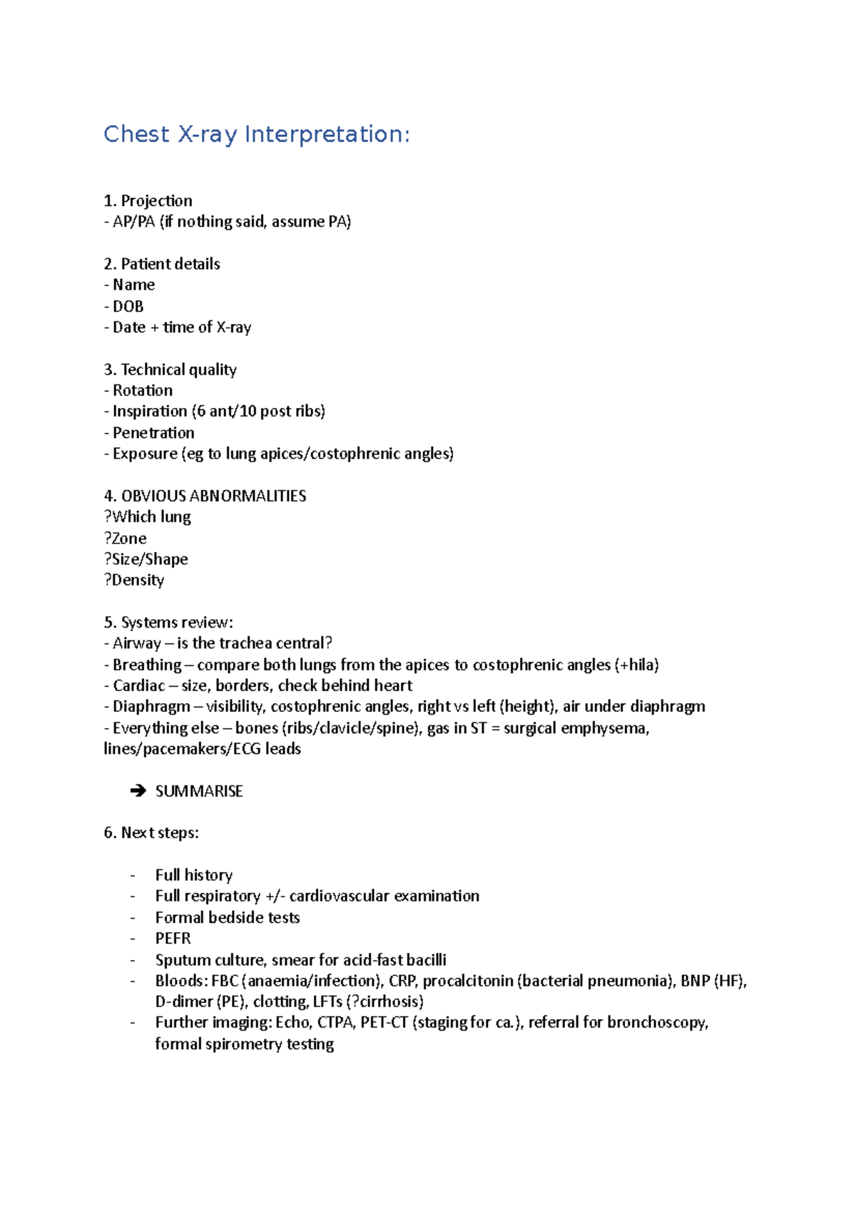 Chest X-ray OSCE crib sheet - Chest X-ray Interpretation: Projection AP ...
