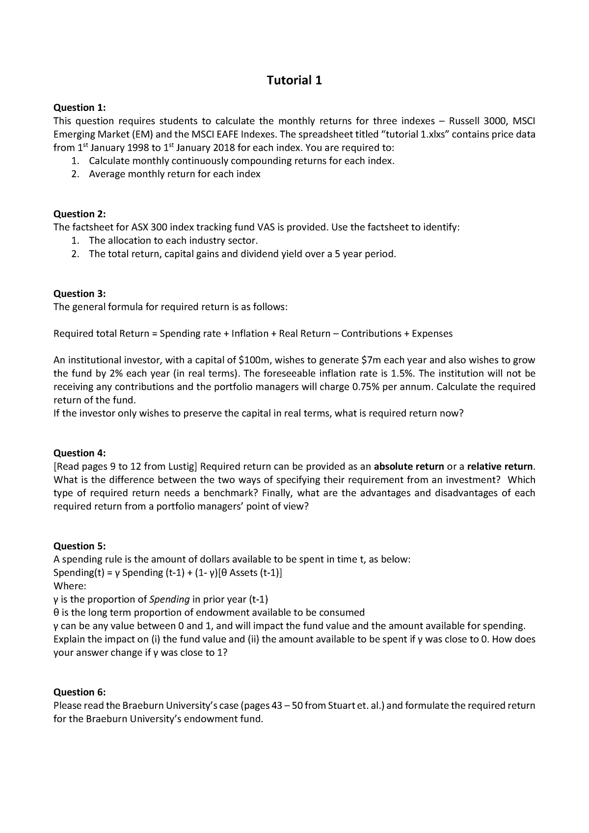 Tutorial 1 Questions Modern Portfolio Theory - Tutorial 1 Question 1 ...