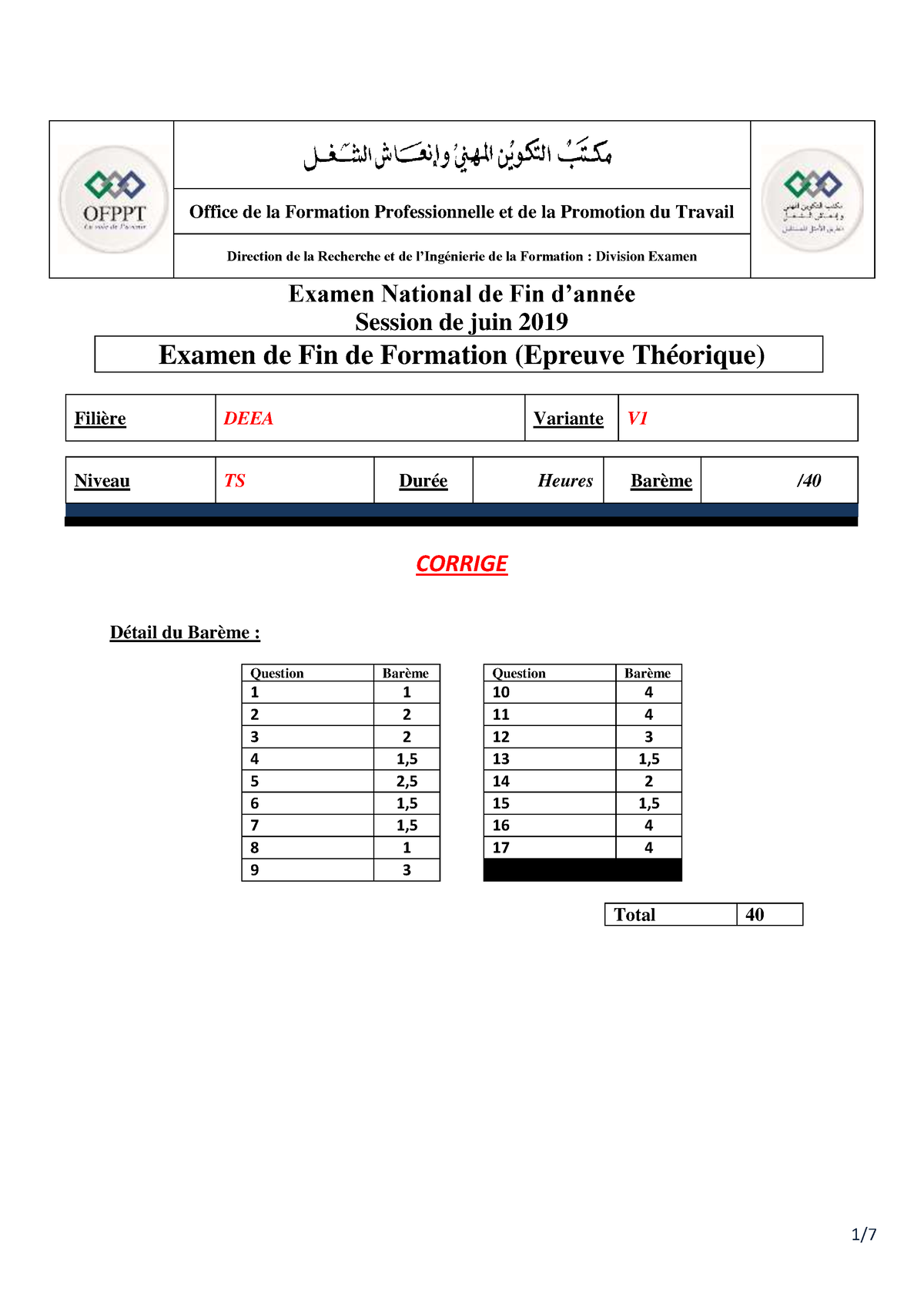 Corrige. EFF Tsdeea 2019 - Examen National De Fin D’année Session De ...