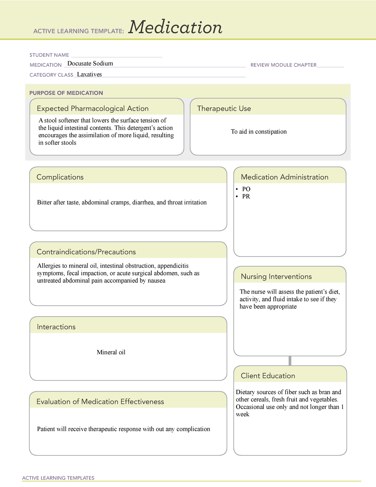 Docusate Sodium Med Template ACTIVE LEARNING TEMPLATES Medication