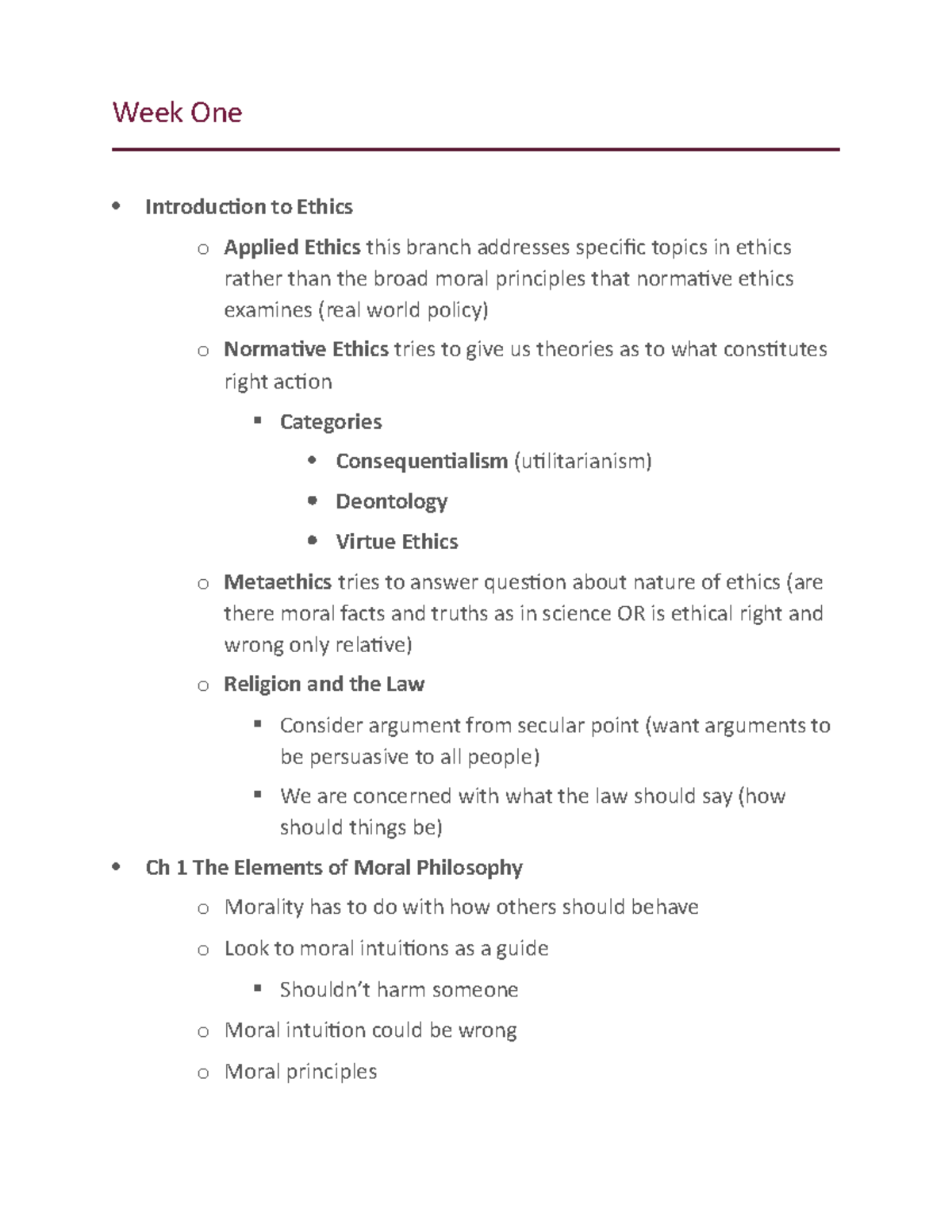 Week 1 Intro to bioethics - Week One Introduction to Ethics o Applied ...