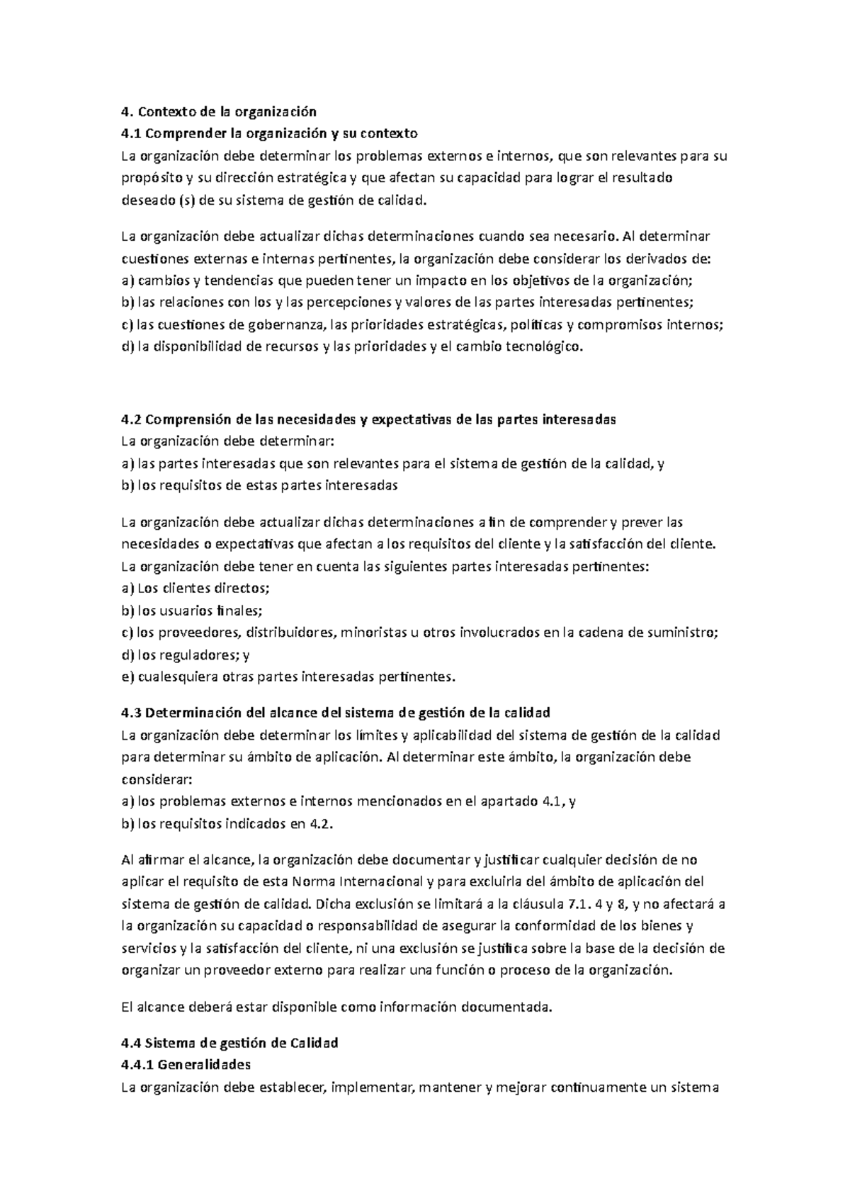 Requisitos ISO PARA MC - 4. Contexto de la organización 4 Comprender la ...