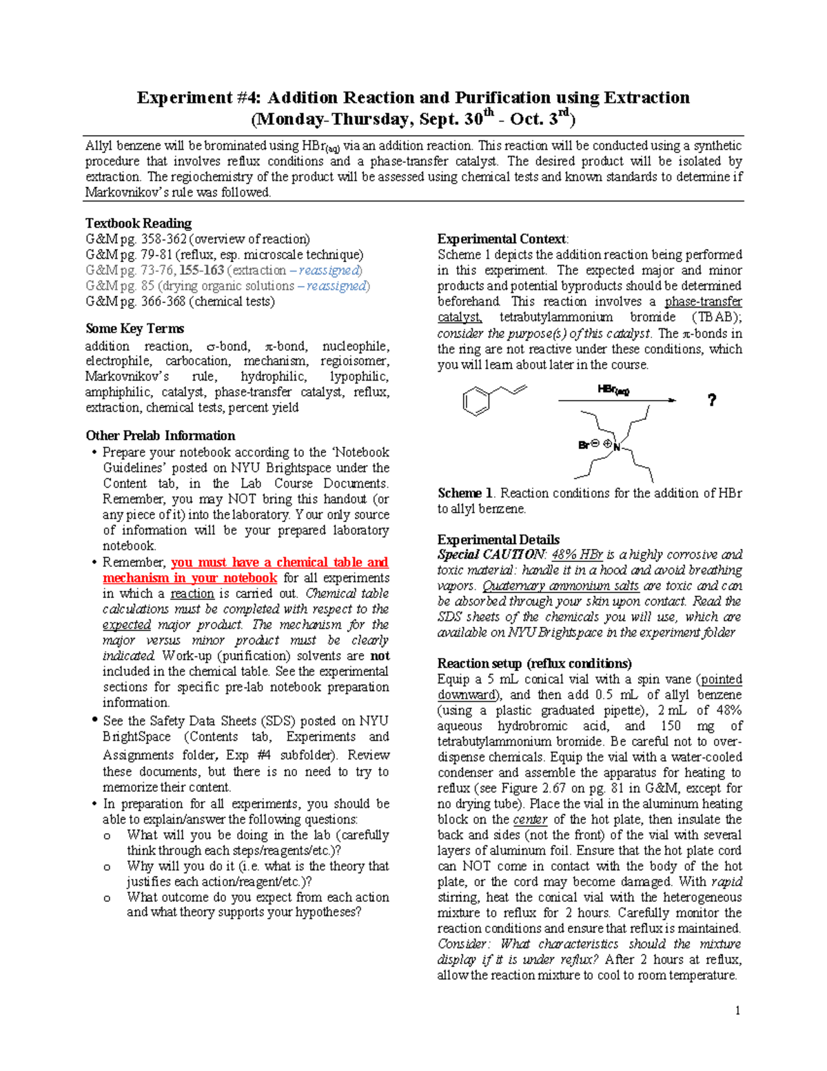 FA24 CHEM 225 Exp4 Handout Addition Reaction 1 Experiment 4