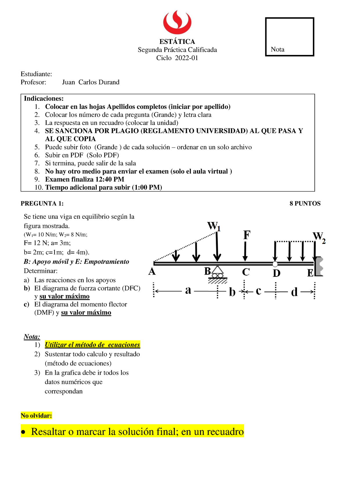 PC2 - Estatica UPC -M2 - ESTÁTICA Segunda Práctica Calificada Ciclo ...