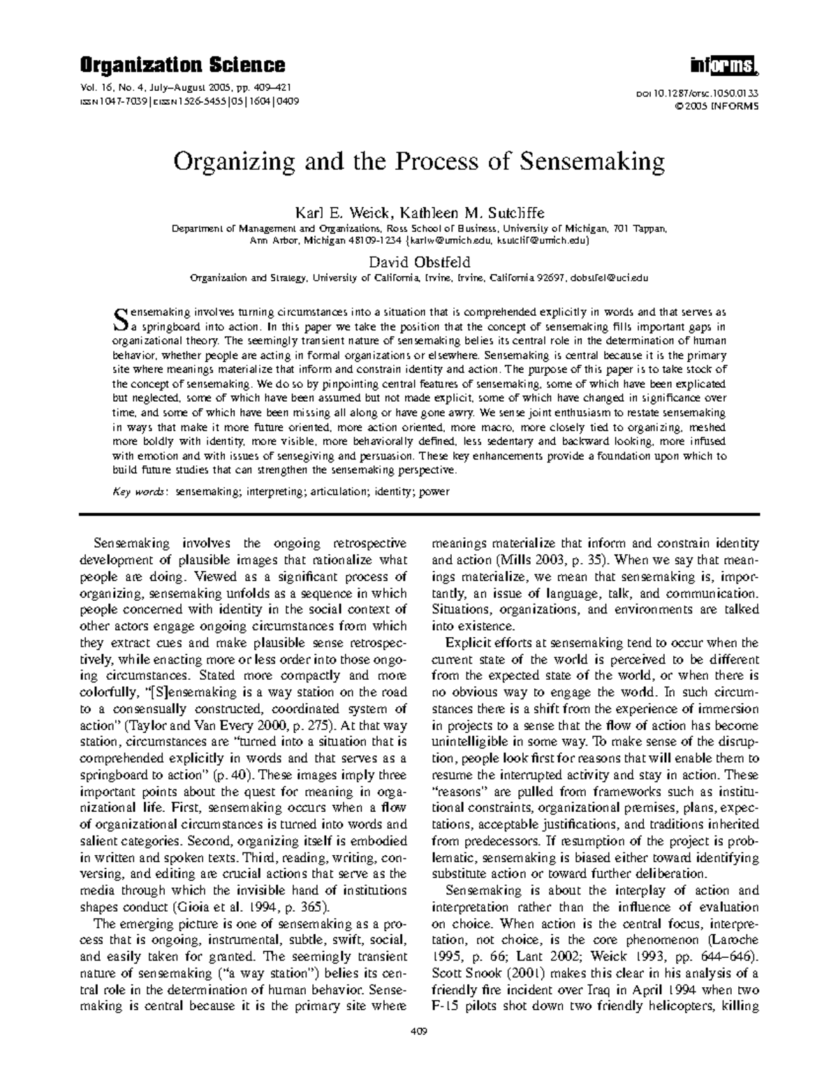 Weick artikel - Organization Science Vol. 16, No. 4, July–August 2005 ...