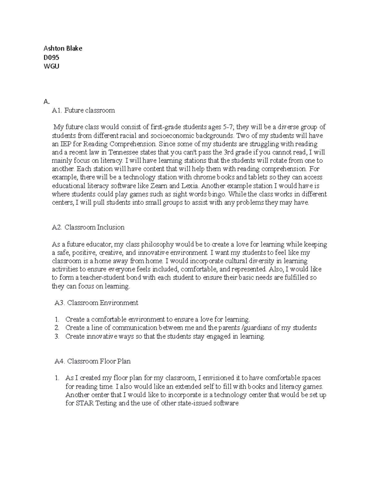Ashton Blake task 1 D095 - Ashton Blake D WGU A. A1. Future classroom ...