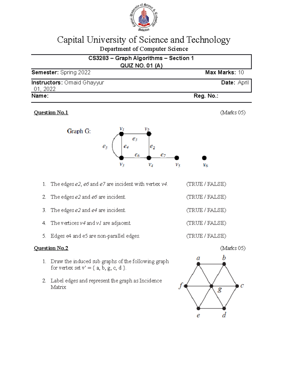 GA Quiz 1A - Fundamentals of Computer science - Capital University of ...