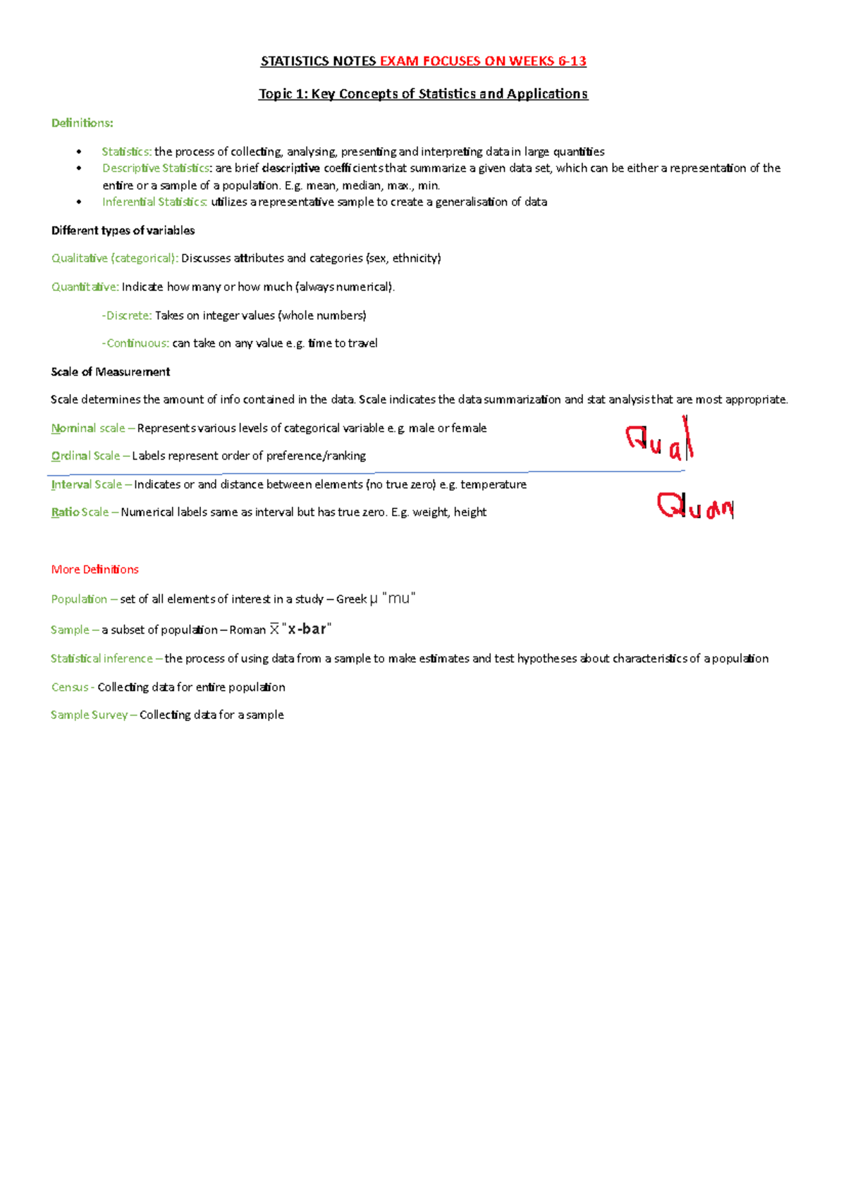 Statistics Notes - STATISTICS NOTES EXAM FOCUSES ON WEEKS 6- Topic 1 ...
