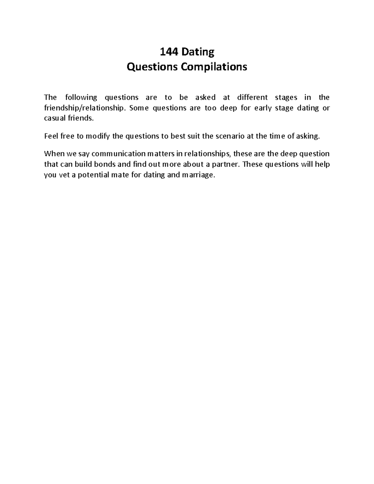 144 Intelligent Dating Questions Compilation - 144 Dating Questions ...