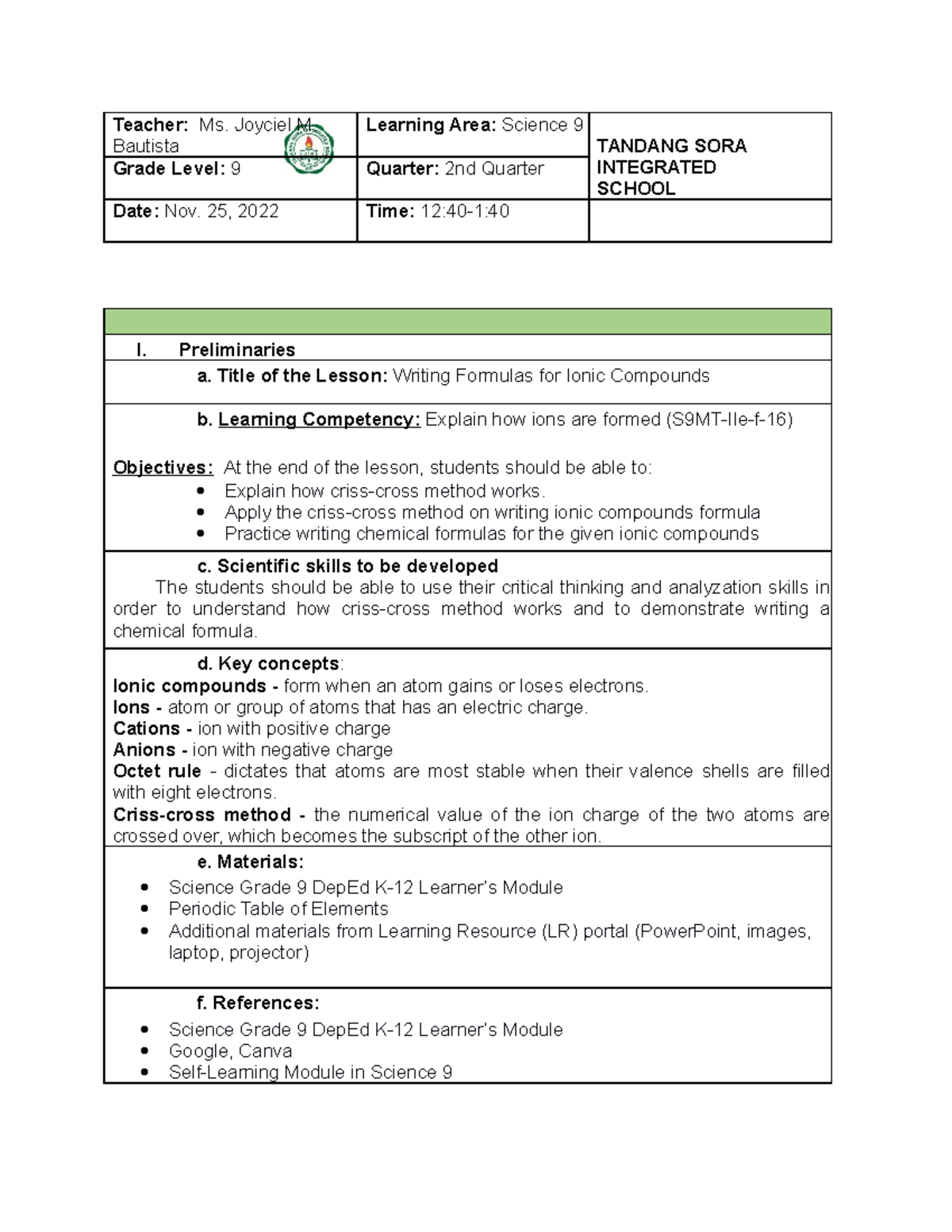 Bautista DLP IONS CCM - Education - I. Preliminaries a. Title of the ...